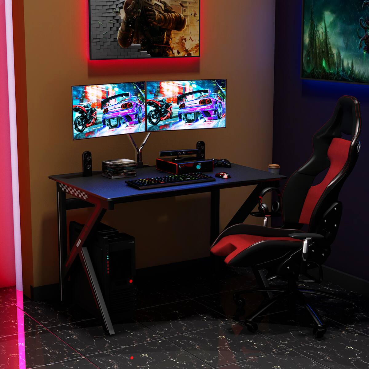 Left. Costway - K-Shaped Gaming Desk with Cup Holder - Black.