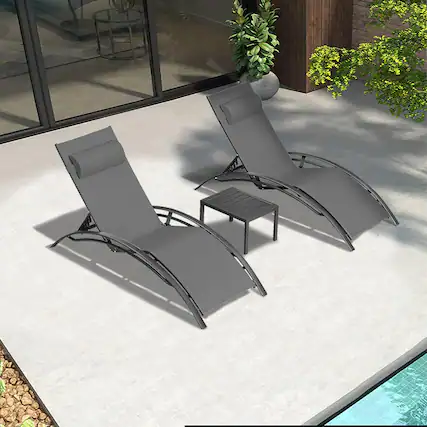 Front. PURPLE LEAF - 3-Pieces Aluminum Outdoor Chaise Lounge Patio Lounge Chair with Side Table - Grey.