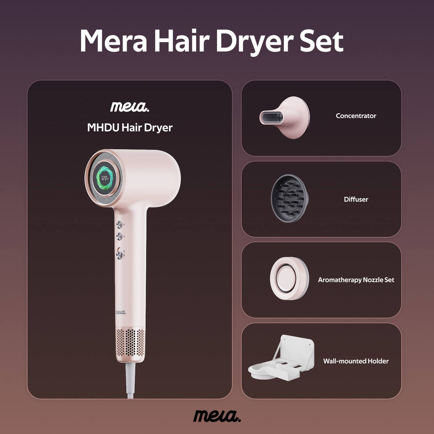 Mera Hair Dryer Set meia. MHDU Hair Dryer Concentrator 120 Diffuser Aromatherapy Nozzle Set meia Wall-mounted Holder meia.