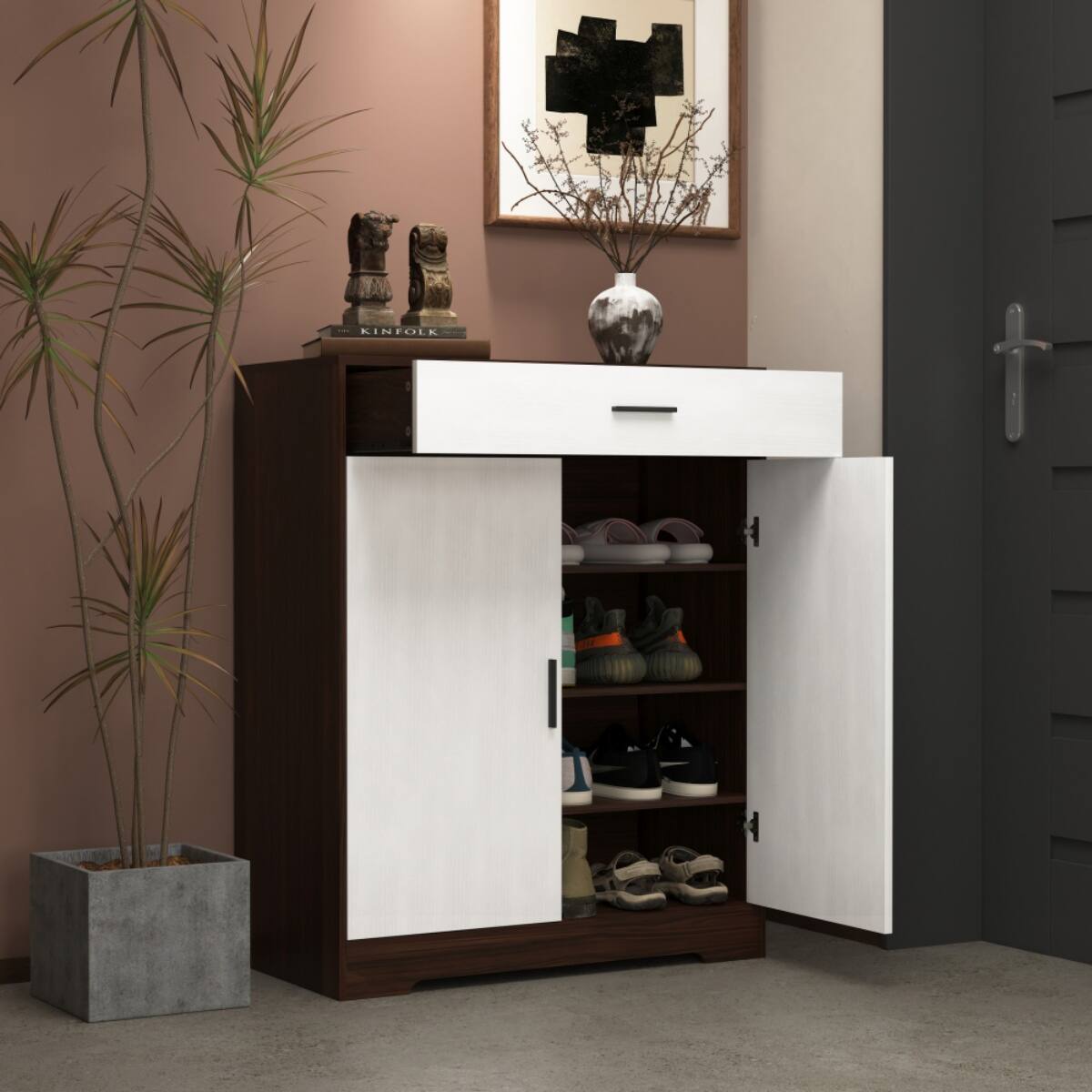 Angle. Halitaa - 4-Tier Shoe Rack - Freestanding Wooden Shoe Storage Cabinet with 1 Drawer & Adjustable Shelves for Entryway Hallway - Brown.