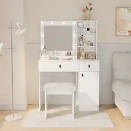 LUCKY ONE - Vanity Desk with LED Mirror, Large Drawers, Three Level Storage and Stool for Bedroom - White