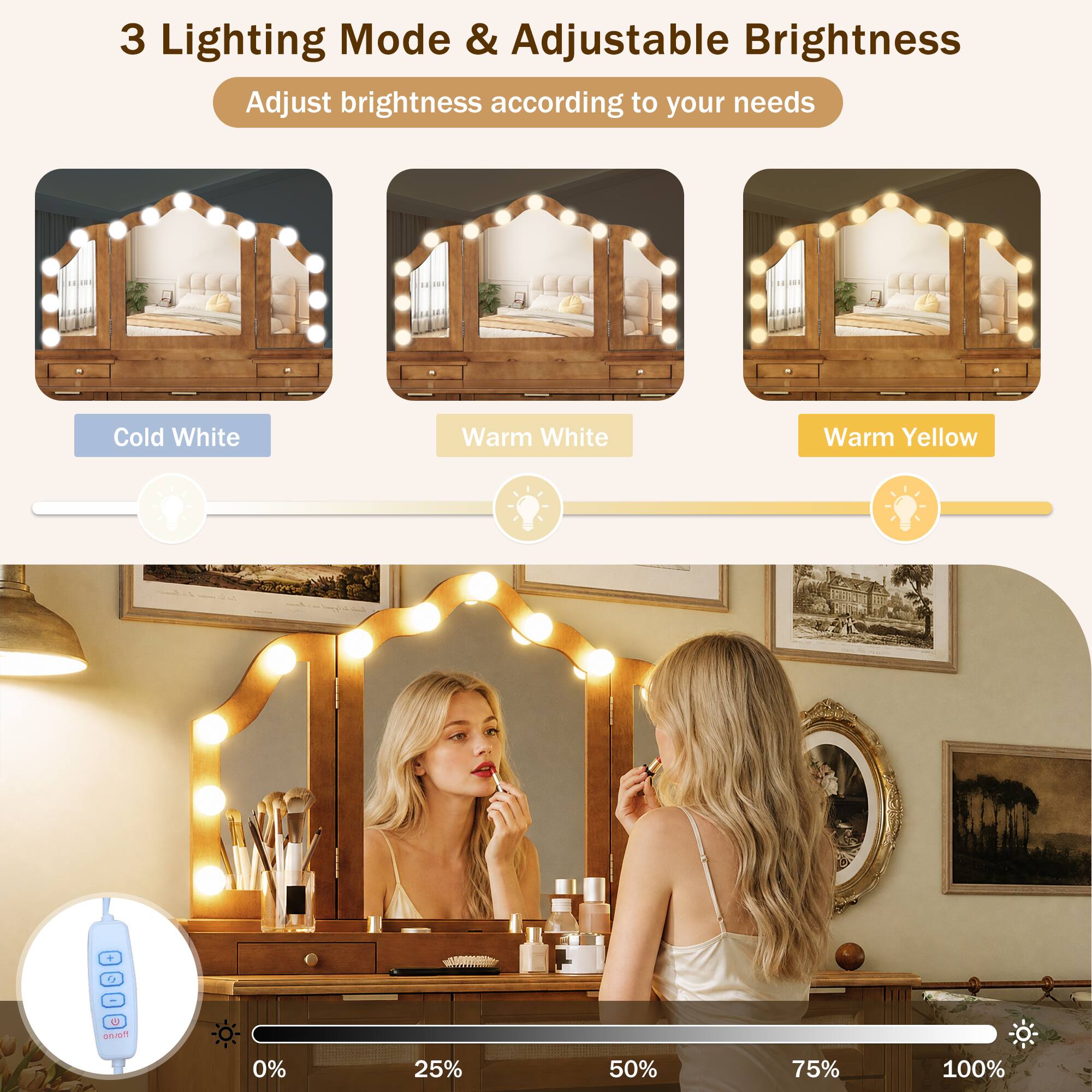 3 Lighting Mode & Adjustable Brightness

Adjust brightness according to your needs

Cold White Warm White Warm Yellow

0% 25% 50% 75% 100%