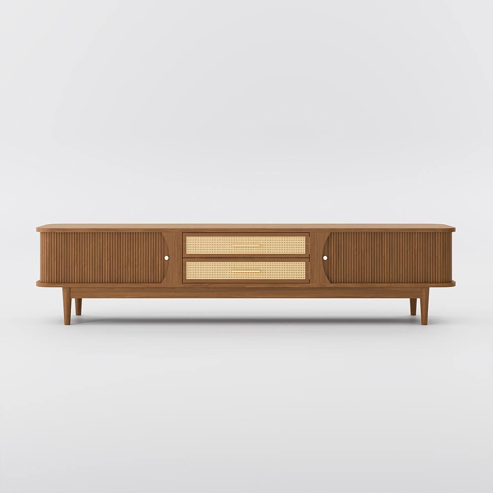 Alt View 2. POVISON - 78.74" Mid-Century Woven Rattan TV Stand, Fluted TV Stand, Walnut Color TV Console with Storage,Perfect for 75-in TVs - Walnut Color.