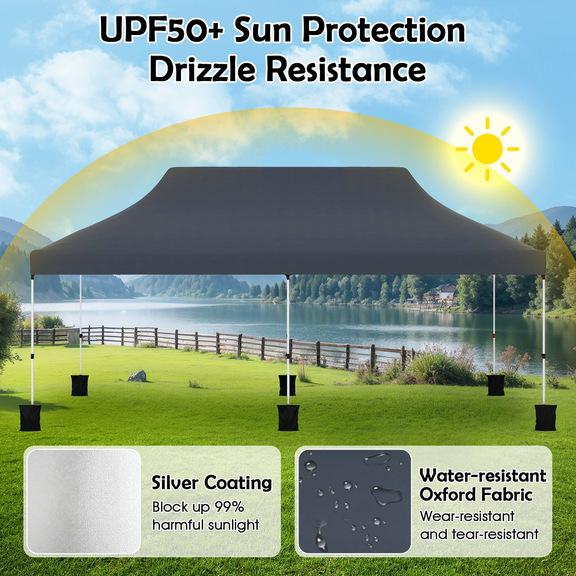 UPF50+ Sun Protection, Drizzle Resistance, Silver Coating, Block up to 99% harmful sunlight, Water-resistant Oxford Fabric, Wear-resistant and tear-resistant.