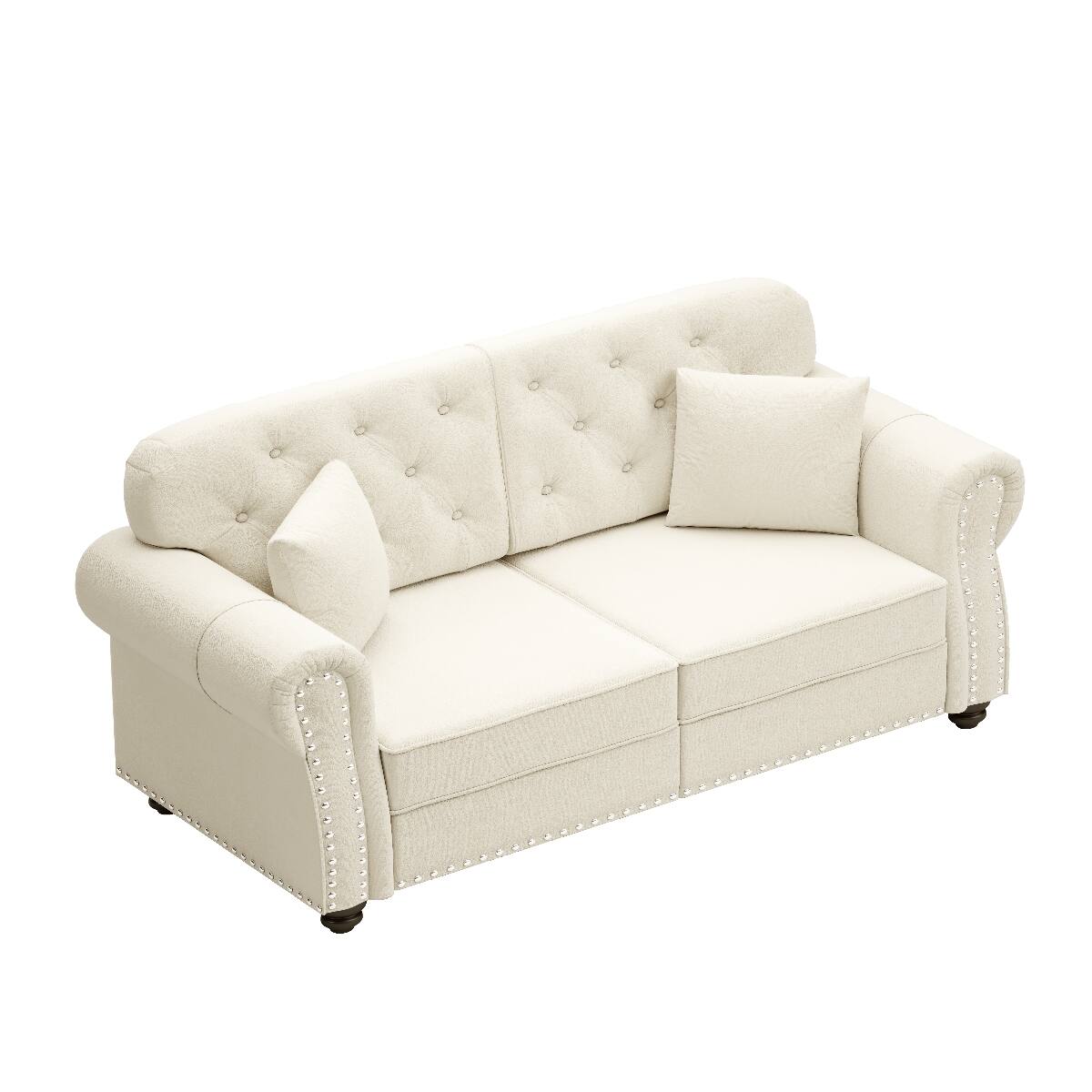Alt View 7. Ropilly - Ropilly 63 Inch Velvet Loveseat Sofa Button Tufted Chesterfield Style with Rolled Arms Nailhead Trim and 2 Pillows - Beige White.