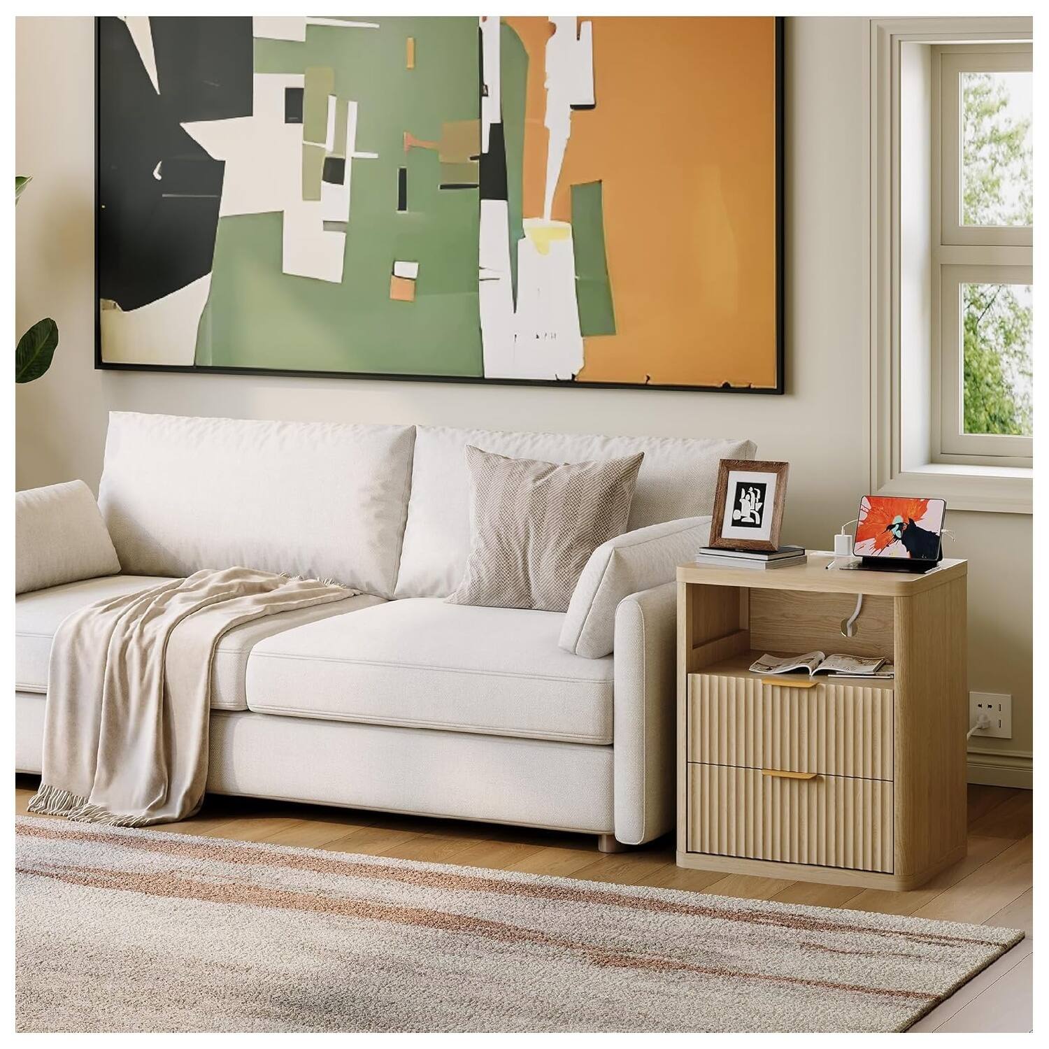 Left. GARVEE - Fluted Nightstand with Charging Station, Bedside Table with 2 Drawers and Open Storage Space, Natural Color 1pcs - Natural.