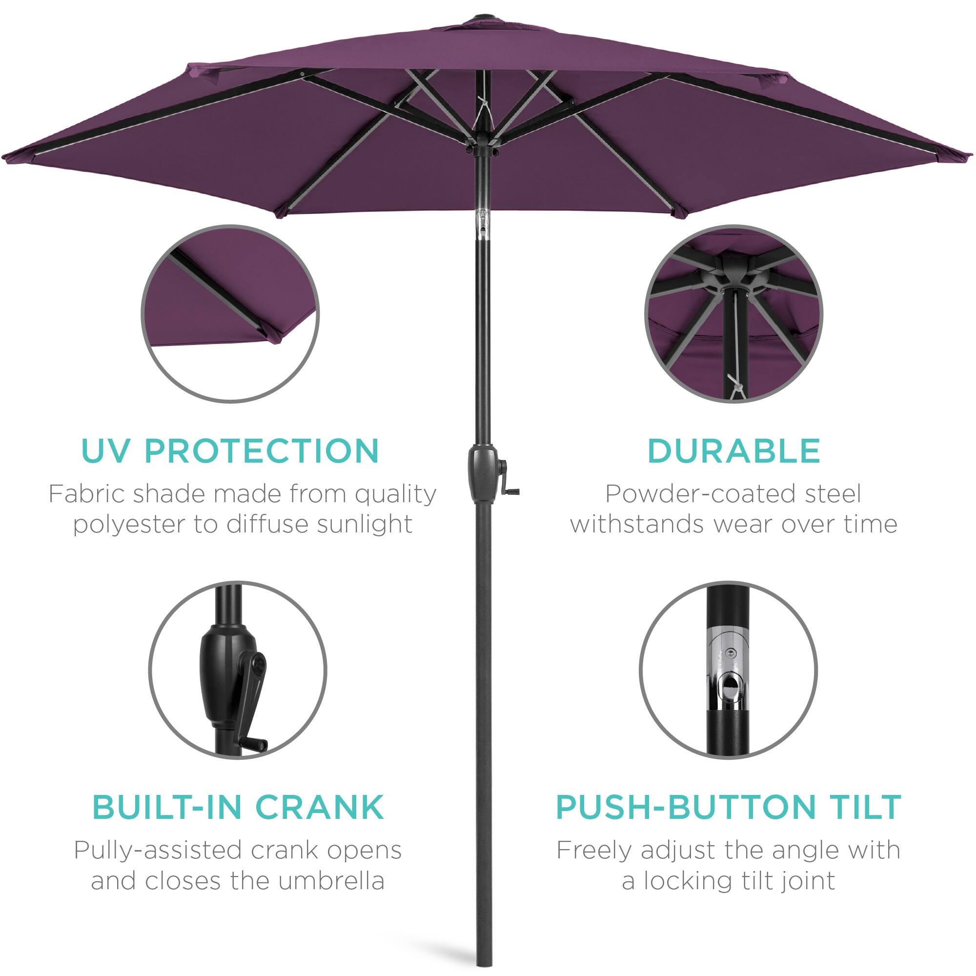 - **UV PROTECTION**  
  Fabric shade made from quality polyester to diffuse sunlight

- **DURABLE**  
  Powder-coated steel withstands wear over time

- **BUILT-IN CRANK**  
  Pulley-assisted crank opens and closes the umbrella

- **PUSH-BUTTON TILT**  
  Freely adjust the angle with a locking tilt joint