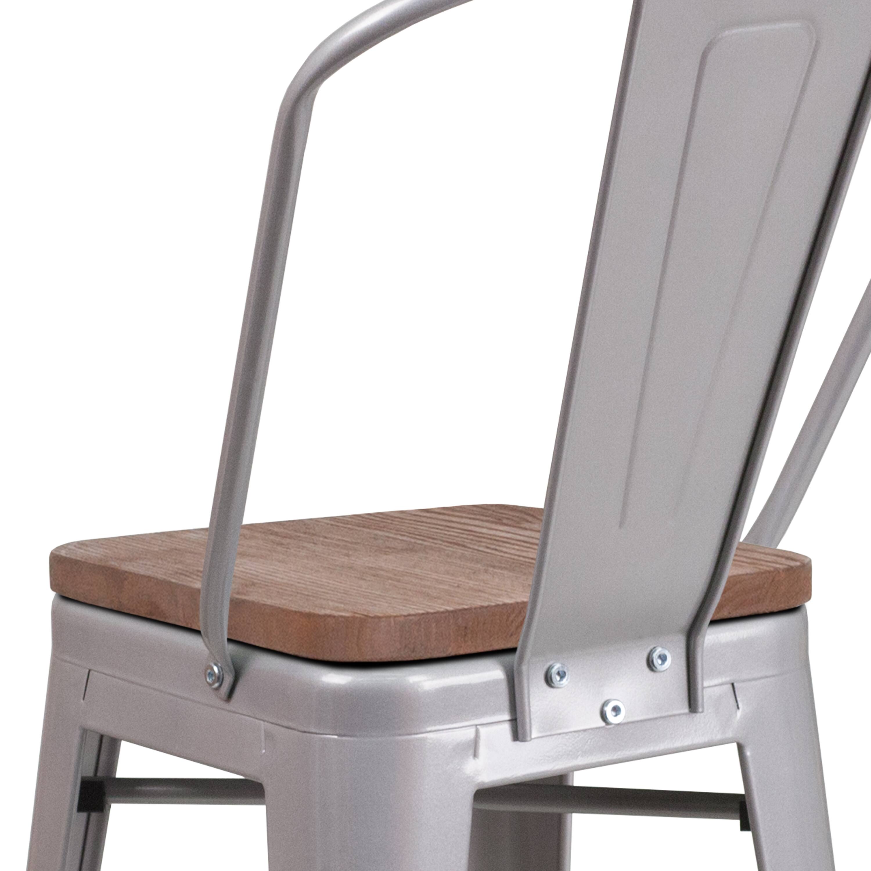 Alt View 9. Emma + Oliver - 24"H Metal Counter Height Stool with Back and Square Wood Seat - Silver.