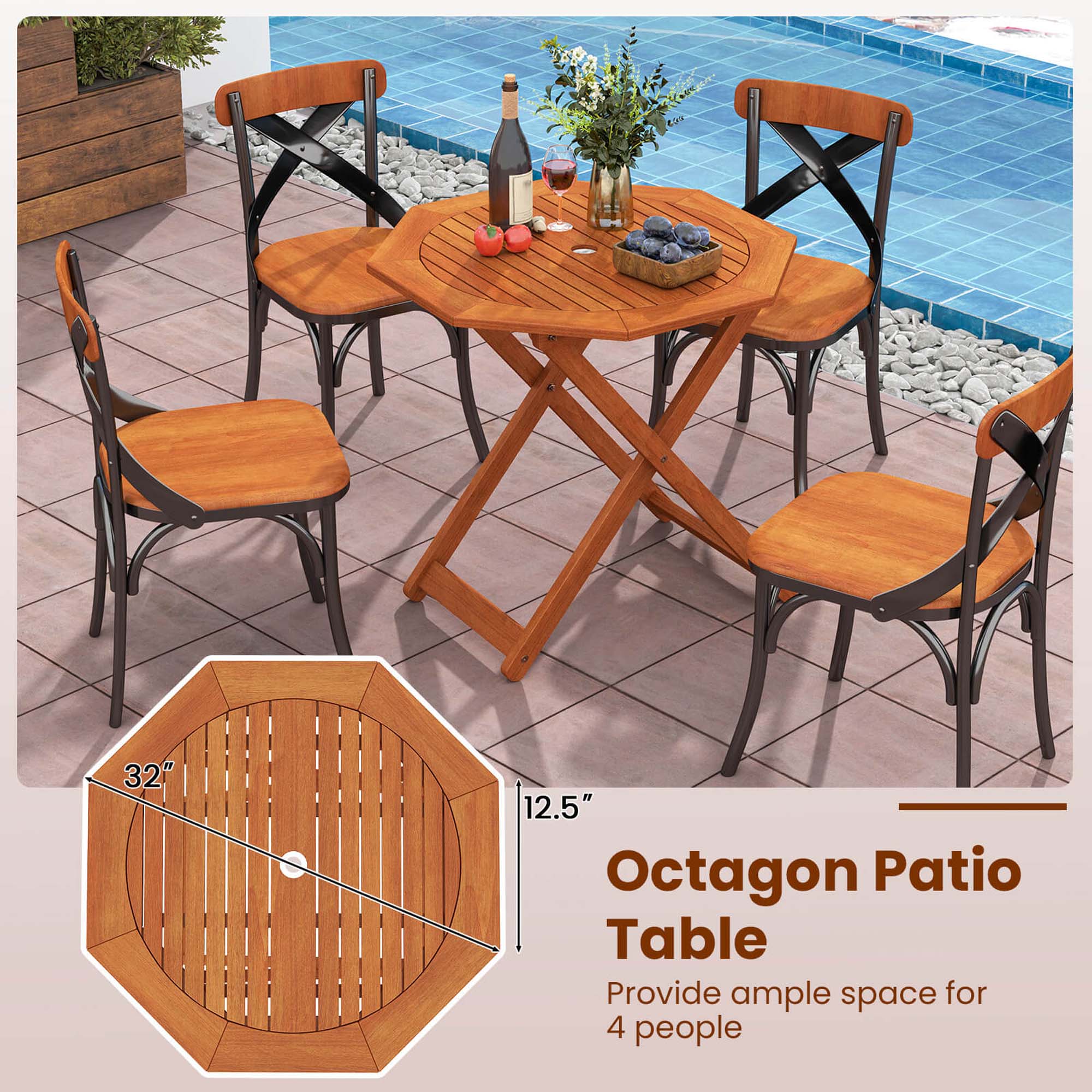 Octagon Patio Table, 32", 12.5", Provide ample space for 4 people
