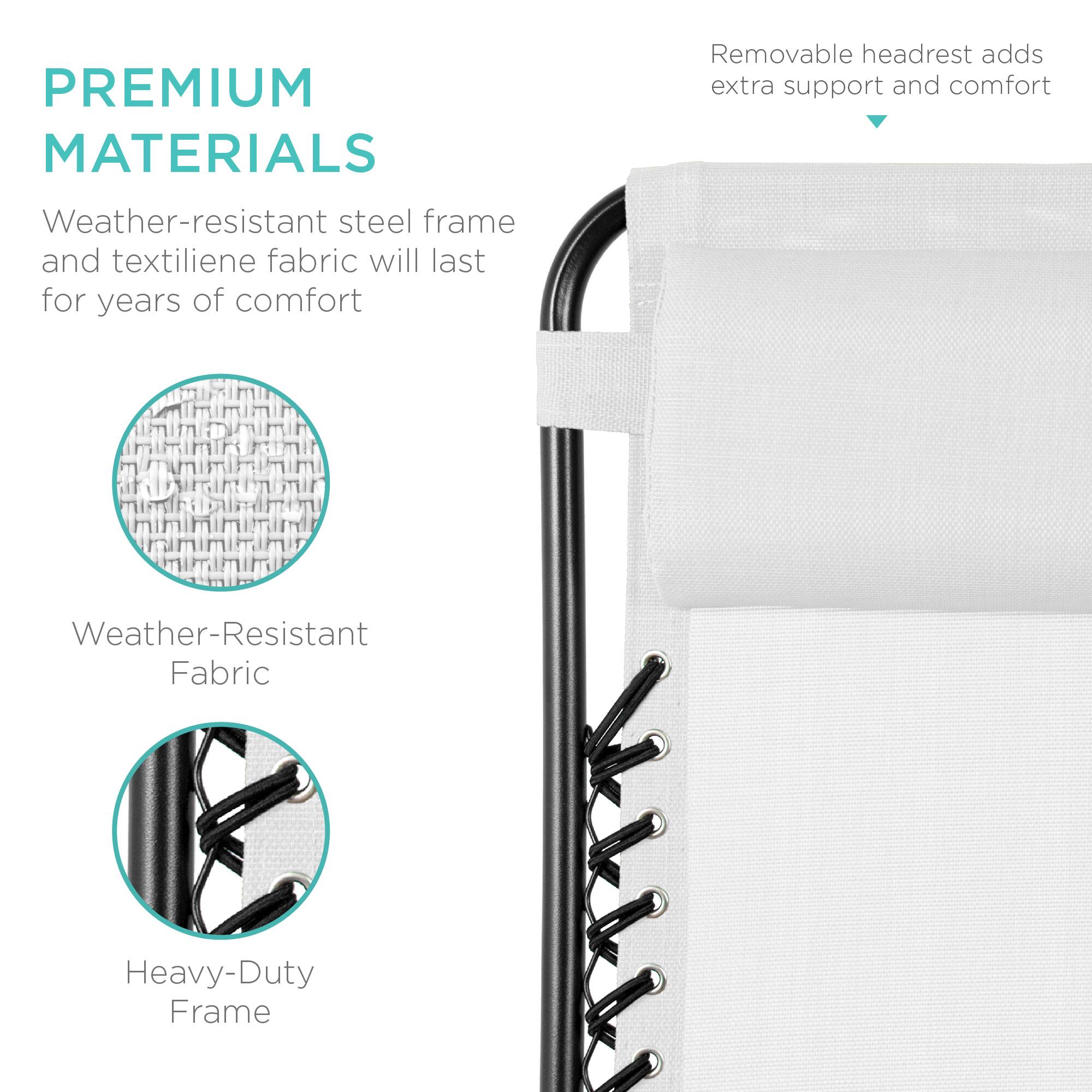 **PREMIUM MATERIALS**

Weather-resistant steel frame and textilene fabric will last for years of comfort

- Weather-Resistant Fabric
- Heavy-Duty Frame

Removable headrest adds extra support and comfort