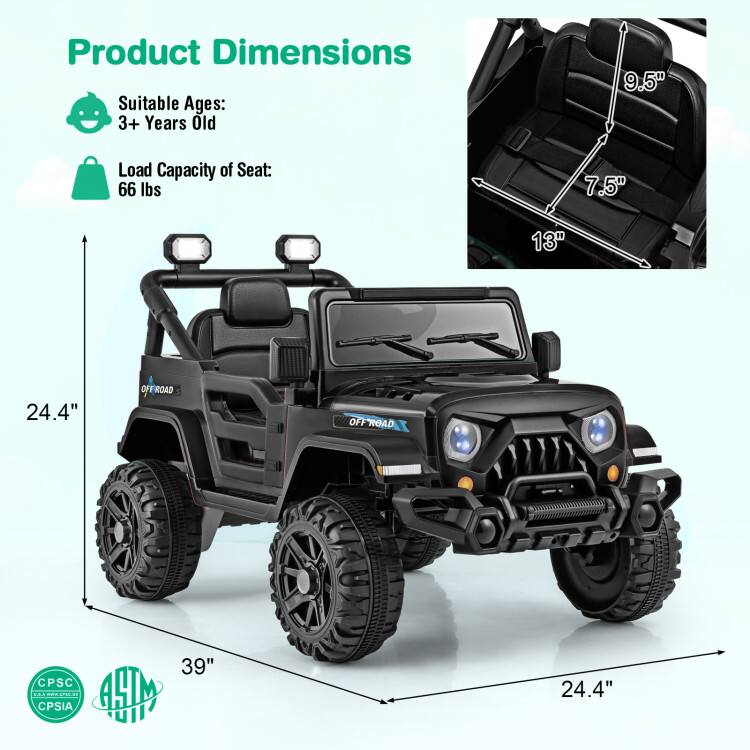 Product Dimensions

Suitable Ages: 3+ Years Old

Load Capacity of Seat: 66 lbs

Dimensions:
- Length: 39"
- Width: 24.4"
- Height: 24.4"
- Seat Height: 7.5"
- Seat Width: 13"
- Seat Depth: 9.5"

Certifications:
- CPSC
- CPSIA
- AHM