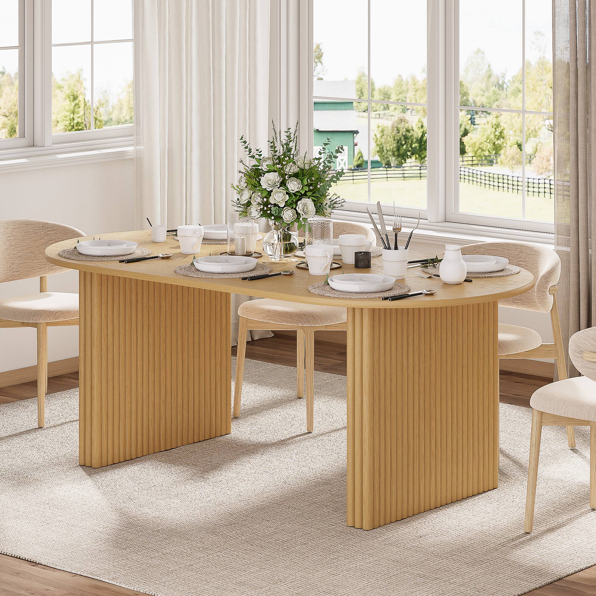 Angle. Lirago - 67" Solid Wood Oval Dining Table with Double Pedestal Large Kitchen Table Seats 6 for Dining Room - Natural.