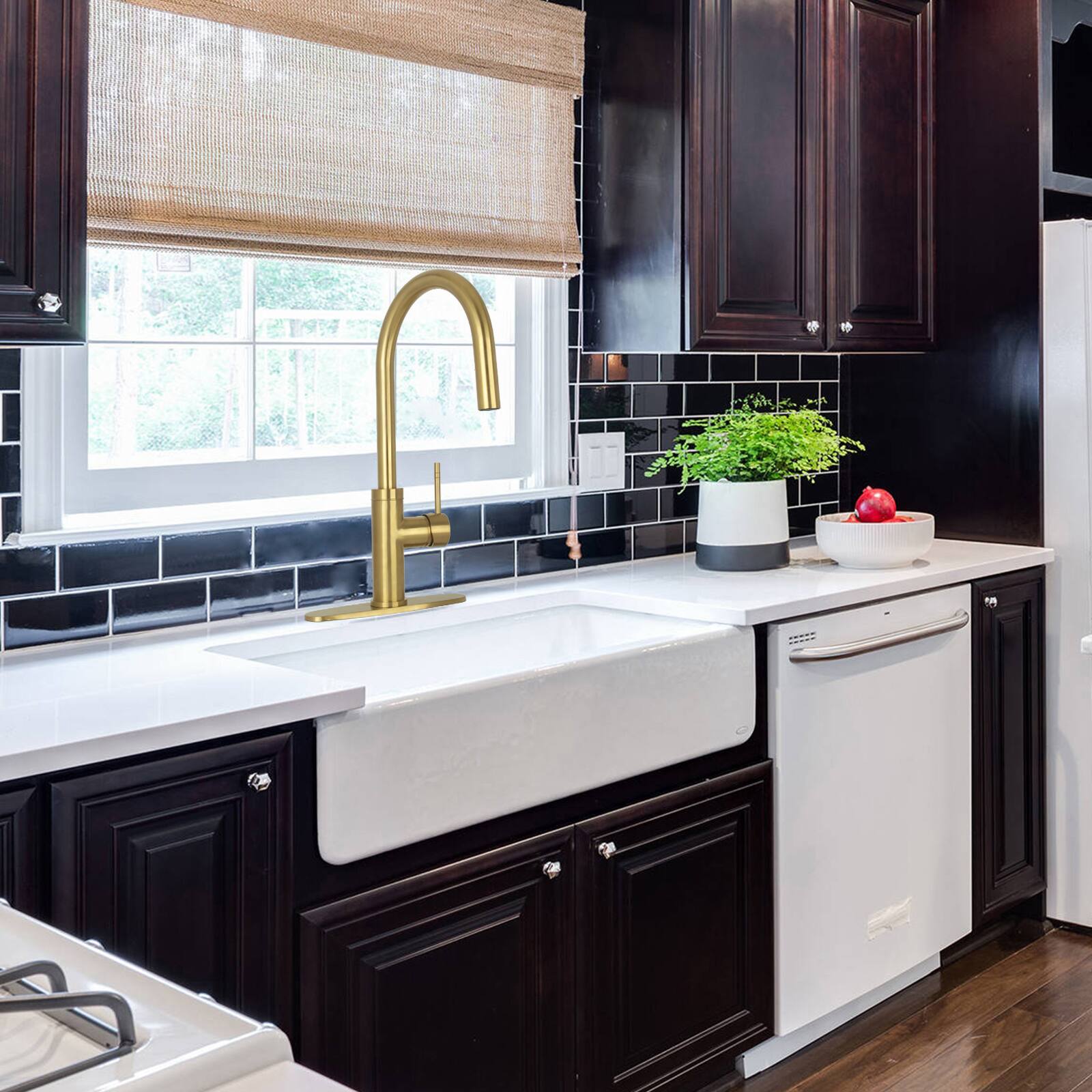 Alt View 4. Akicon - Akicon Single Handle Solid Brass Kitchen Faucet with Pull Down Sprayer in Brushed Gold - Brushed Gold.