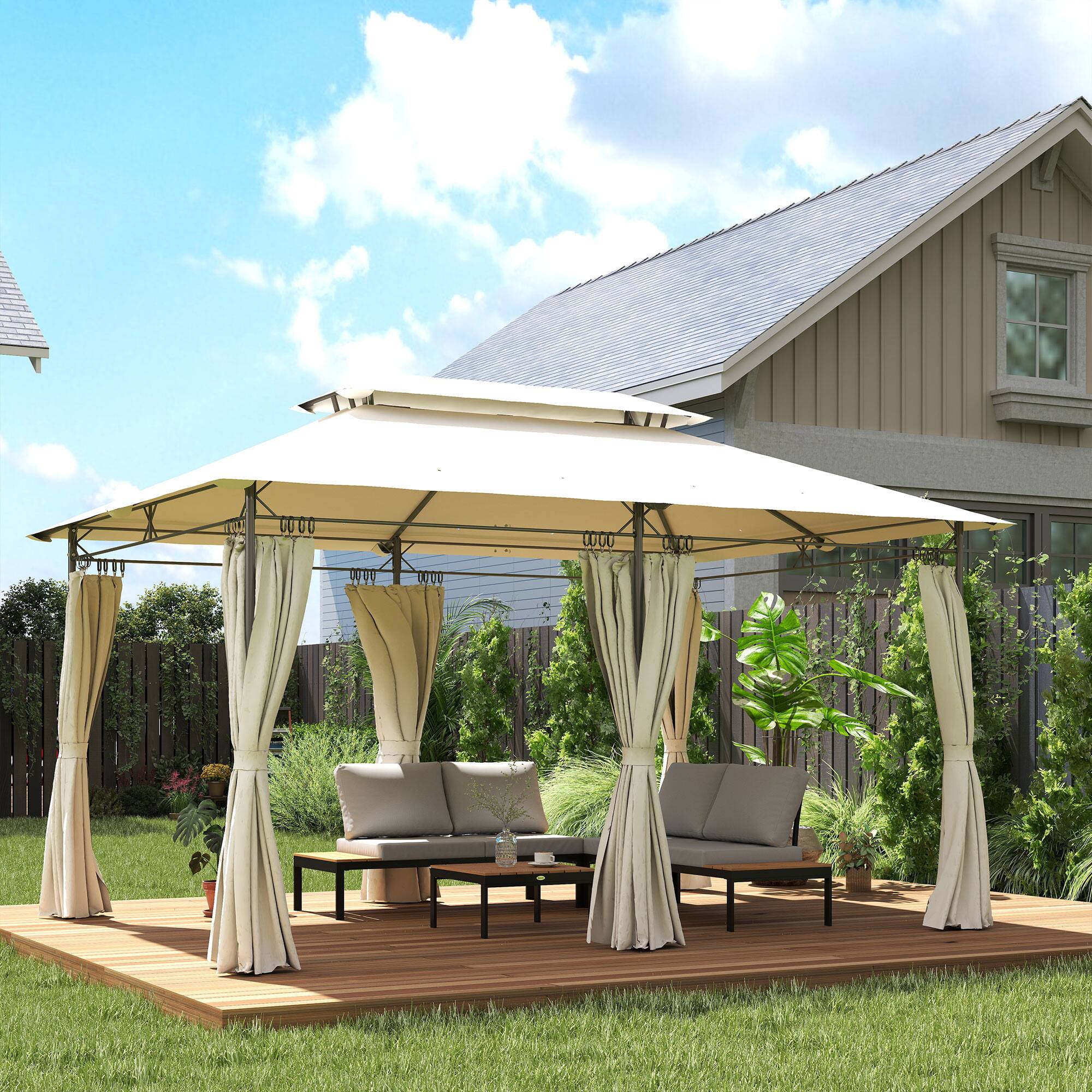 Alt View 1. Outsunny - Double Roof Patio Gazebo, Outdoor Gazebo with Curtains, for Garden, Lawn, Backyard and Deck - Cream White.