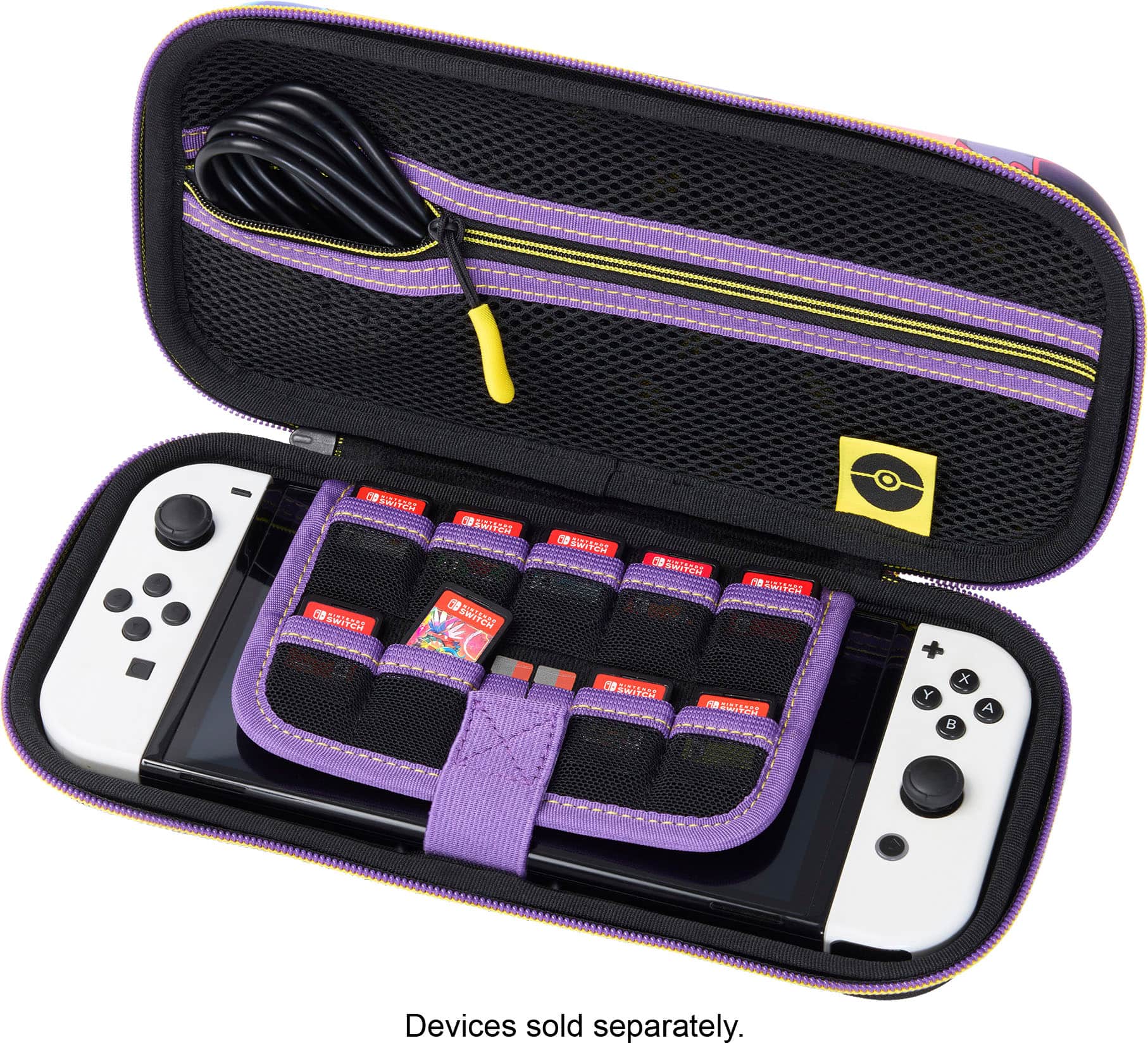 The image features a black and purple case with a purple strap, designed to hold a Nintendo Wii game controller. The case is open, revealing the controller inside. The text "Devices sold separately" is visible, indicating that the controller is not included with the case and must be purchased separately.