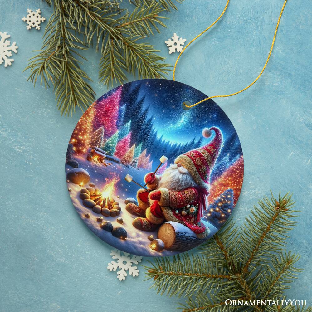 Back. OrnamentallyYou - Majestic Winter World Gnome Camper Ceramic Christmas Ornament Luminescent Forest and Starry Night - Multi-colored.