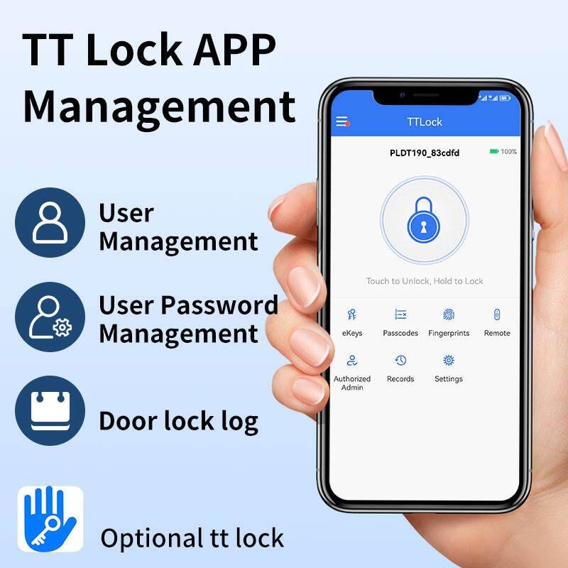 TT Lock APP Management

- User Management
- User Password Management
- Door lock log
- Optional tt lock

Touch to Unlock, Hold to Lock

eKeys Passcodes Fingerprints Remote Authorized Records Admin Settings Door lock log

PLDT190_83cdfd & 100%
