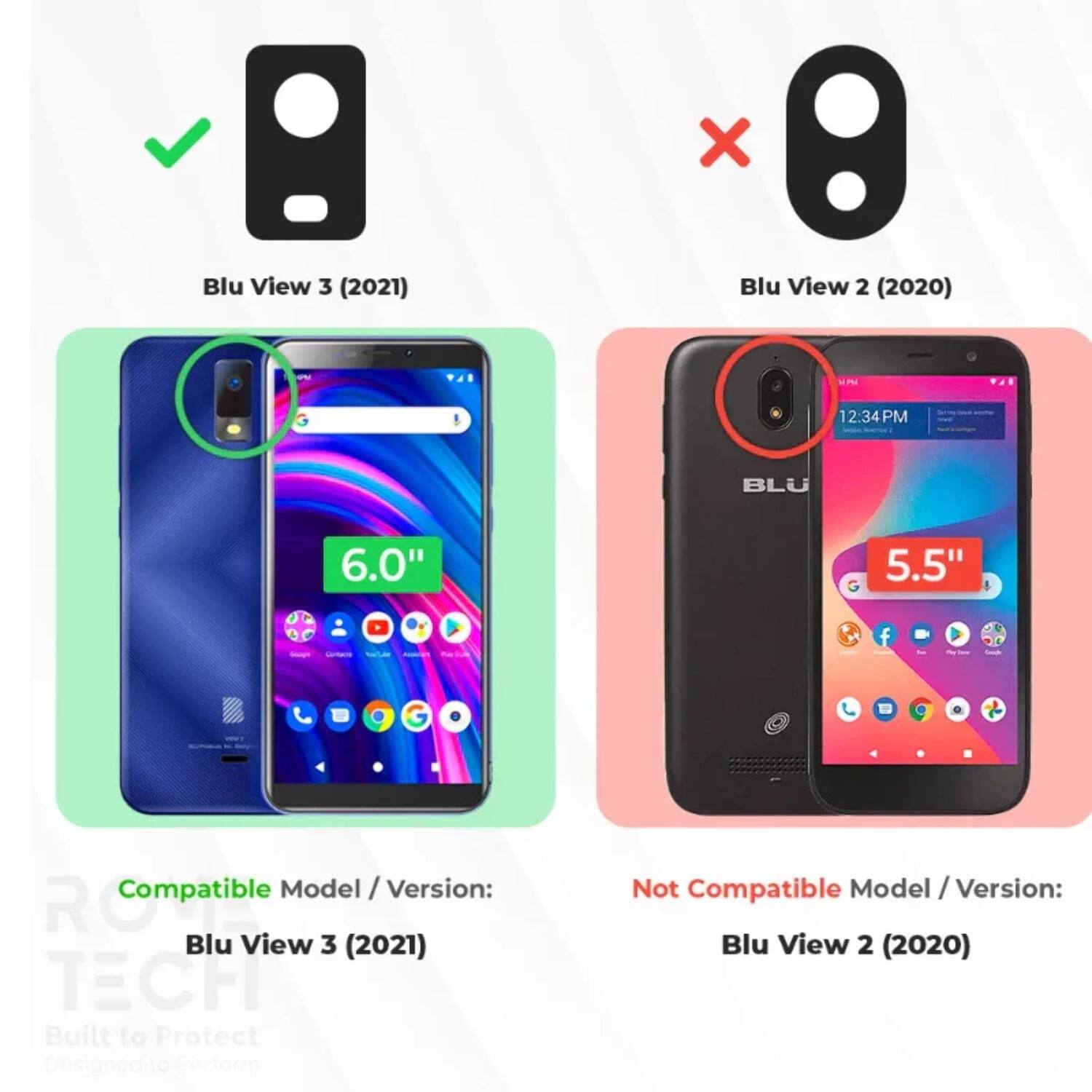 Blu View 3 (2021)  
X  
Blu View 2 (2020)  

12:34 PM  
BLU  

6.0"  
5.5"  

Compatible Model / Version:  
Blu View 3 (2021)  

Not Compatible Model / Version:  
Blu View 2 (2020)  

Built to Protect  
Designed to Perform