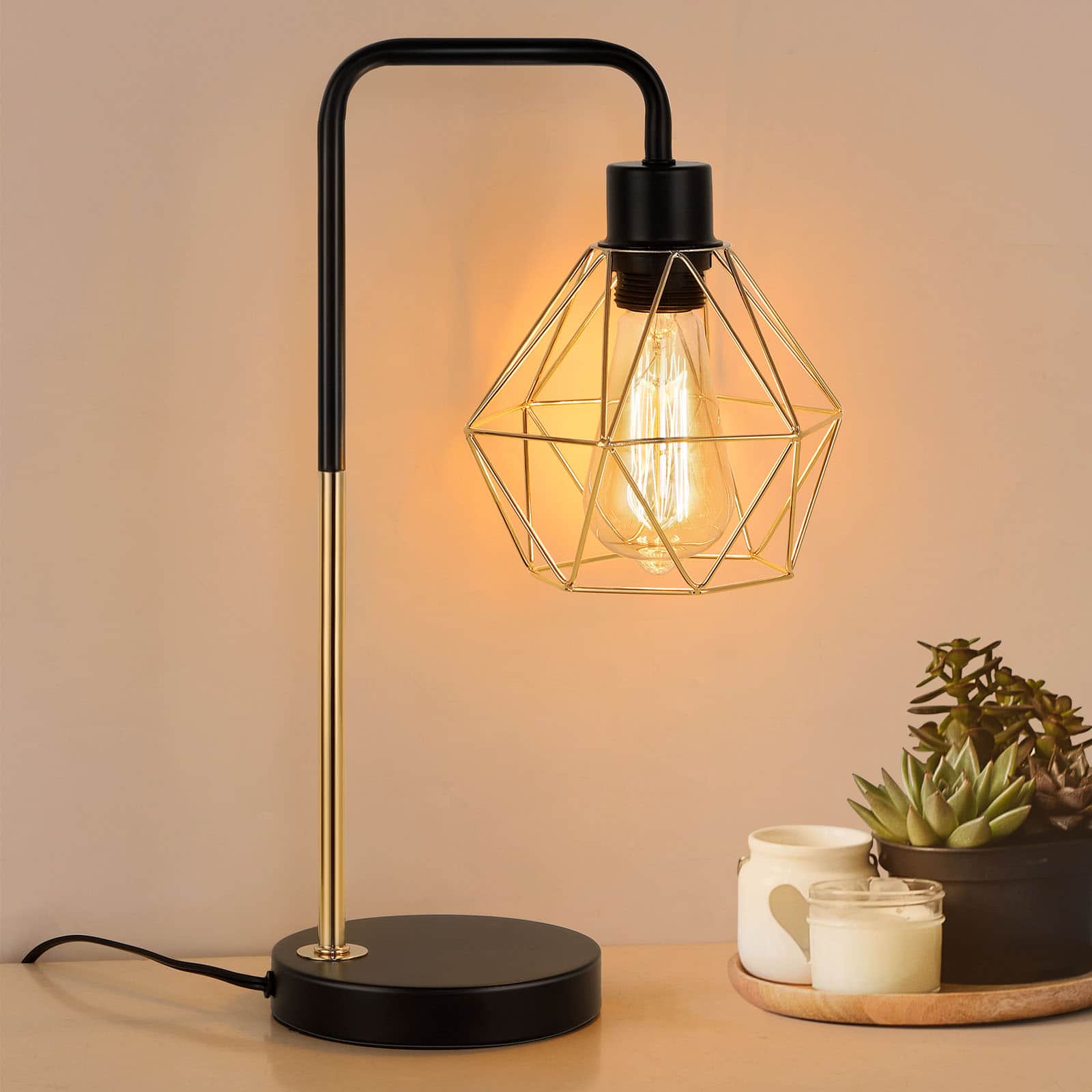 Oumilen - Modern Industrial Gold Table Lamp with Geometric Cage Shade - Vintage Edison Desk Lamp for Bedroom Office Living Room