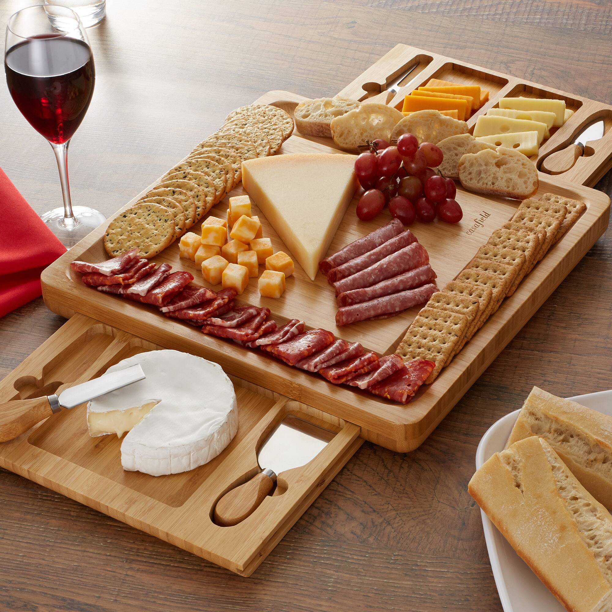 Alt View 5. Casafield - Bamboo Cheese Board Gift Set with 2 Trays and 4 Knives - Natural.