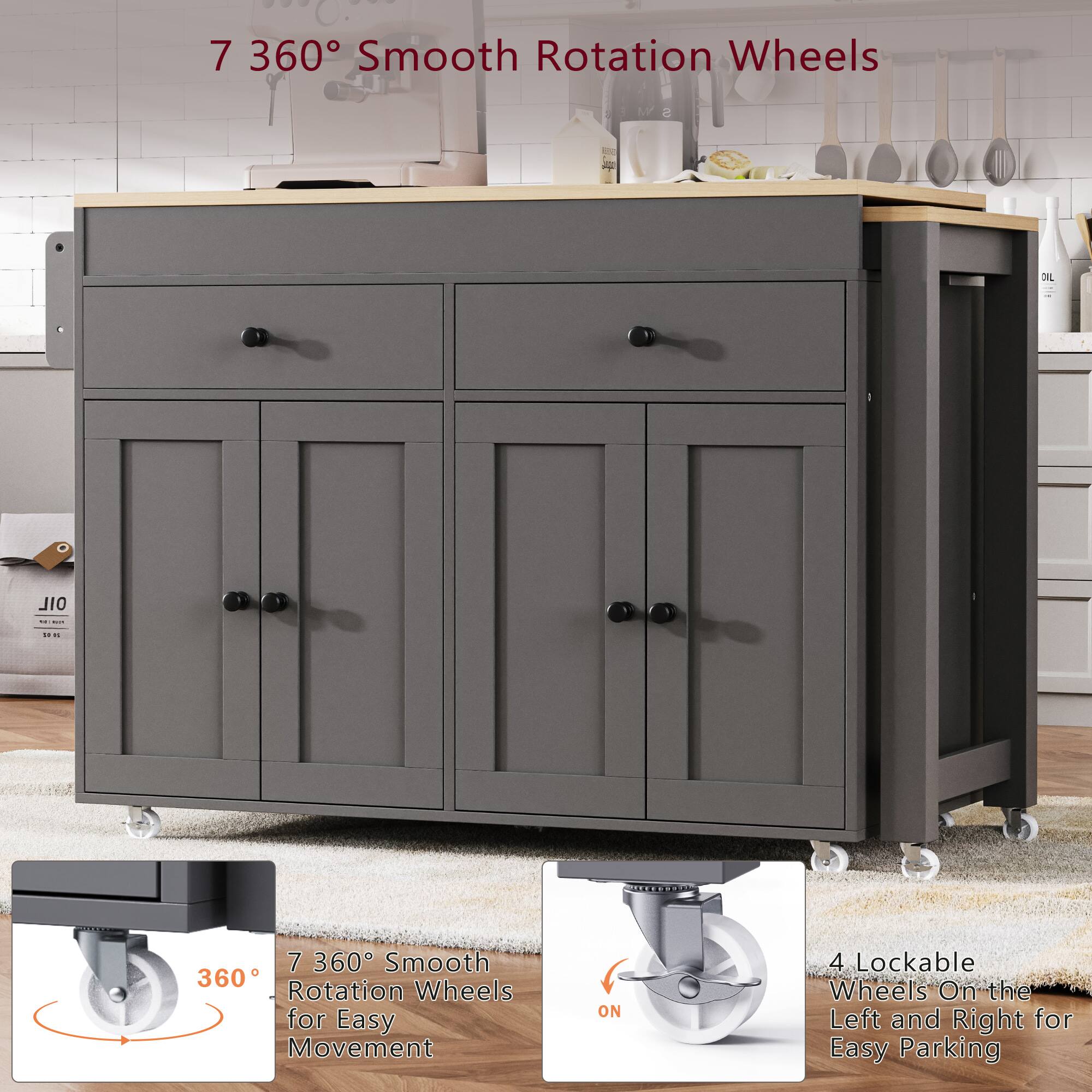 7 360° Smooth Rotation Wheels

7 360° Smooth Rotation Wheels for Easy Movement

4 Lockable Wheels On the Left and Right for Easy Parking