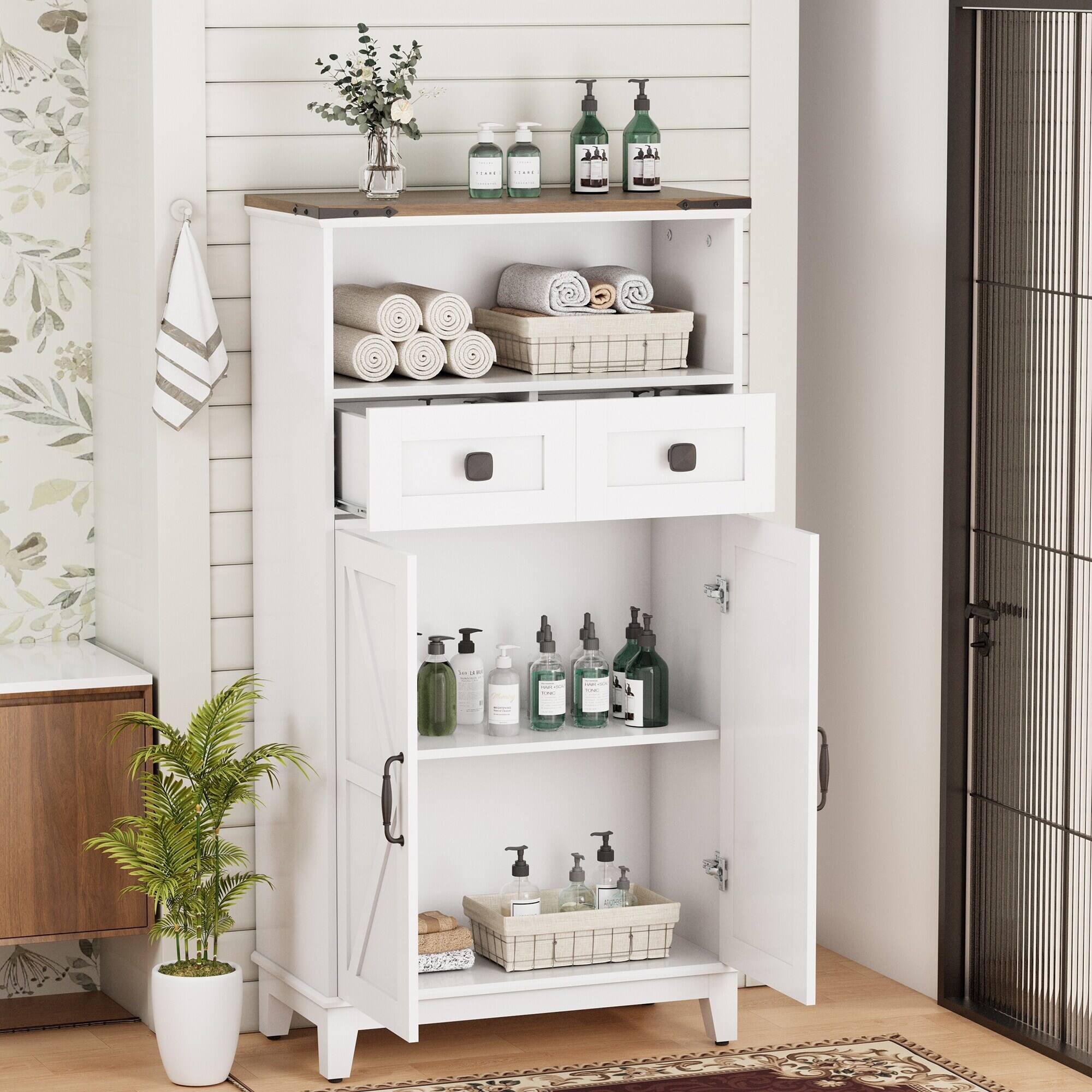 Angle. U-HOMY - Farmhouse Freestanding Storage Cabinet with Doors and Adjustable Shelves, Small Floor Organizer for Entryway - White.