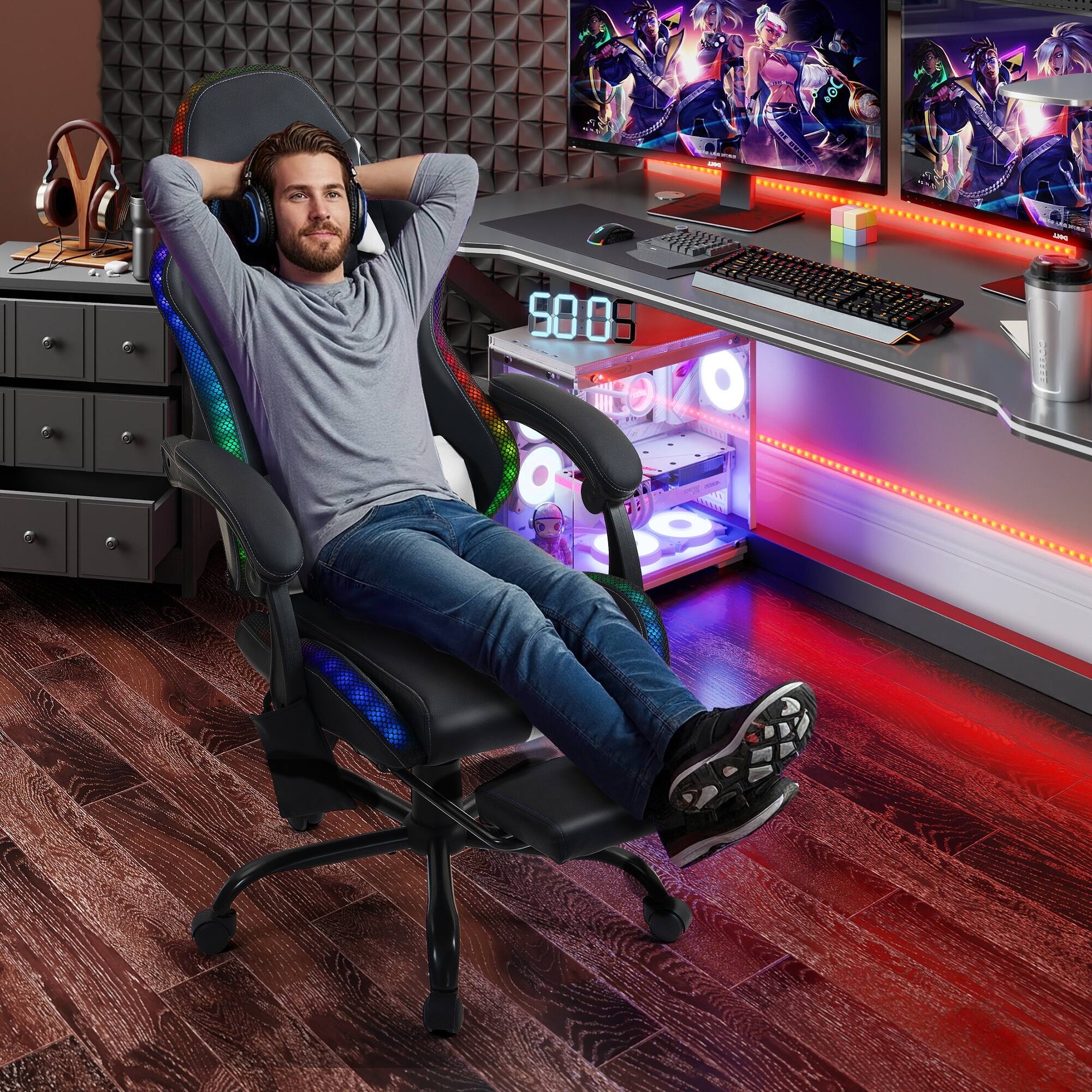 Left. U-HOMY - High-Back RGB LED Gaming Chair with Upgraded Lumbar Massager & Footrest, Ergonomic Reclining Computer Chair - White.
