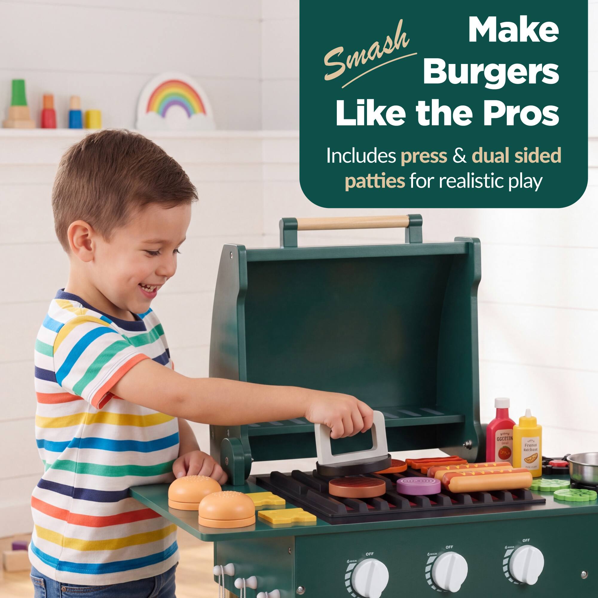 Make Smash Burgers Like the Pros  
Includes press & dual sided patties for realistic play