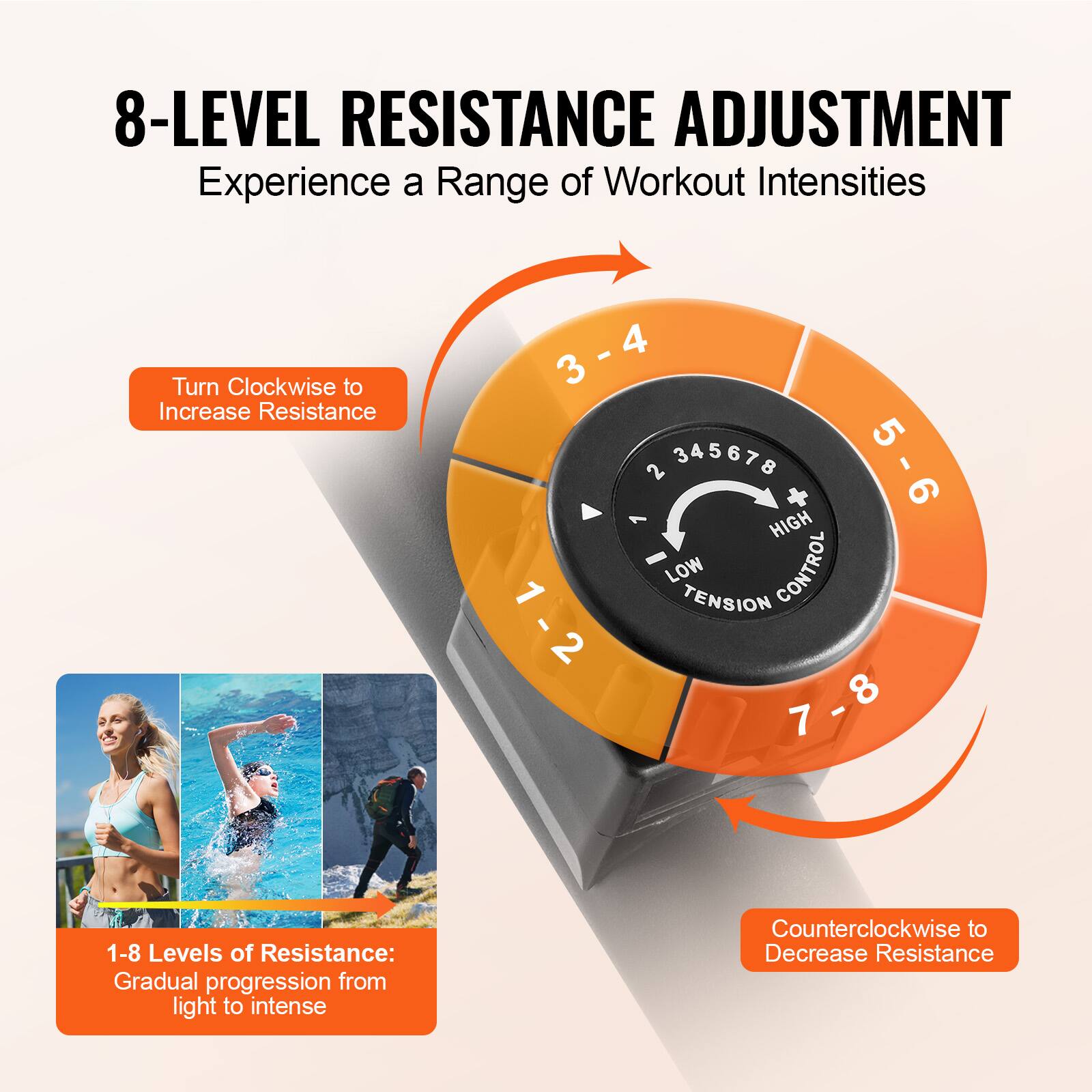 8-LEVEL RESISTANCE ADJUSTMENT  
Experience a Range of Workout Intensities  

Turn Clockwise to Increase Resistance  

1-8 Levels of Resistance: Gradual progression from light to intense  

Counter clockwise to Decrease Resistance  

3 - 4  
5 - 6  
7 - 8  
1 - 2  

HIGH  
LOW  
TENSION CONTROL