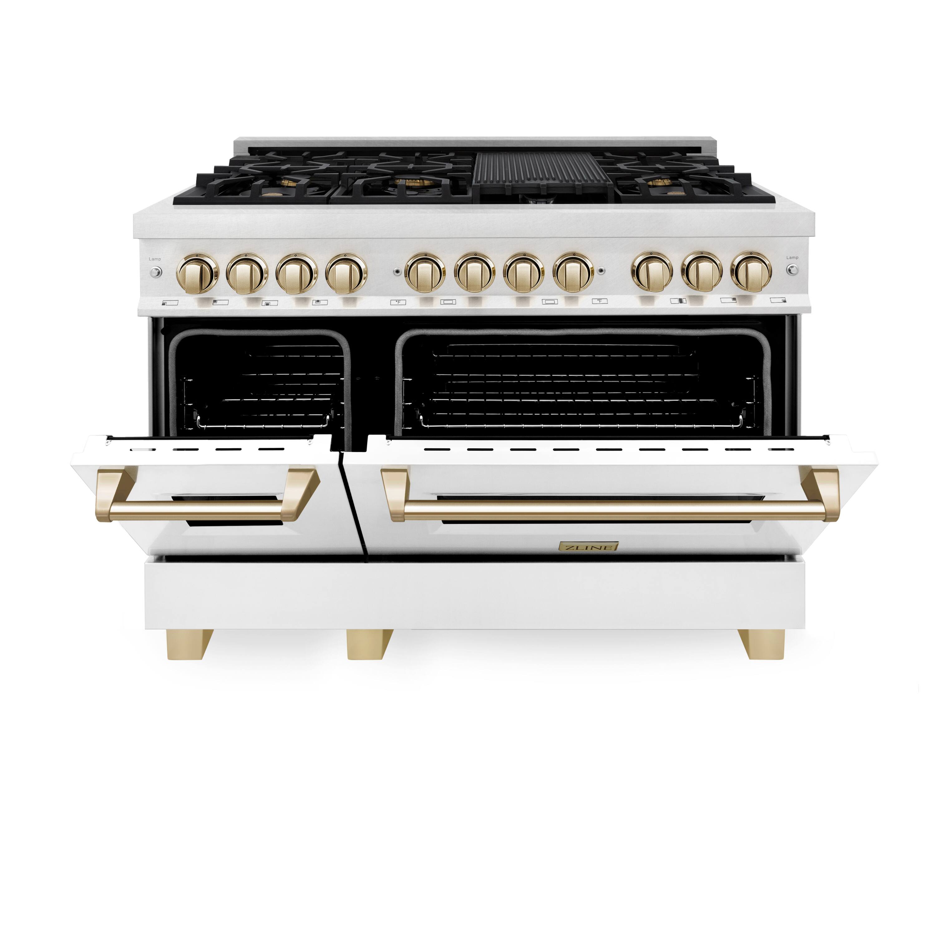 Angle. ZLINE - ZLINE Autograph 48 in. Legacy Dual Fuel Range in Satin Steel w/ White & Gold Accents (RASZ-WM-48-G) - Multicolor.