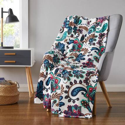 Front. Olivia Gray - Oliva Gray Jacobean Printed Flannel Throw - 50x60" Multi - Multi.