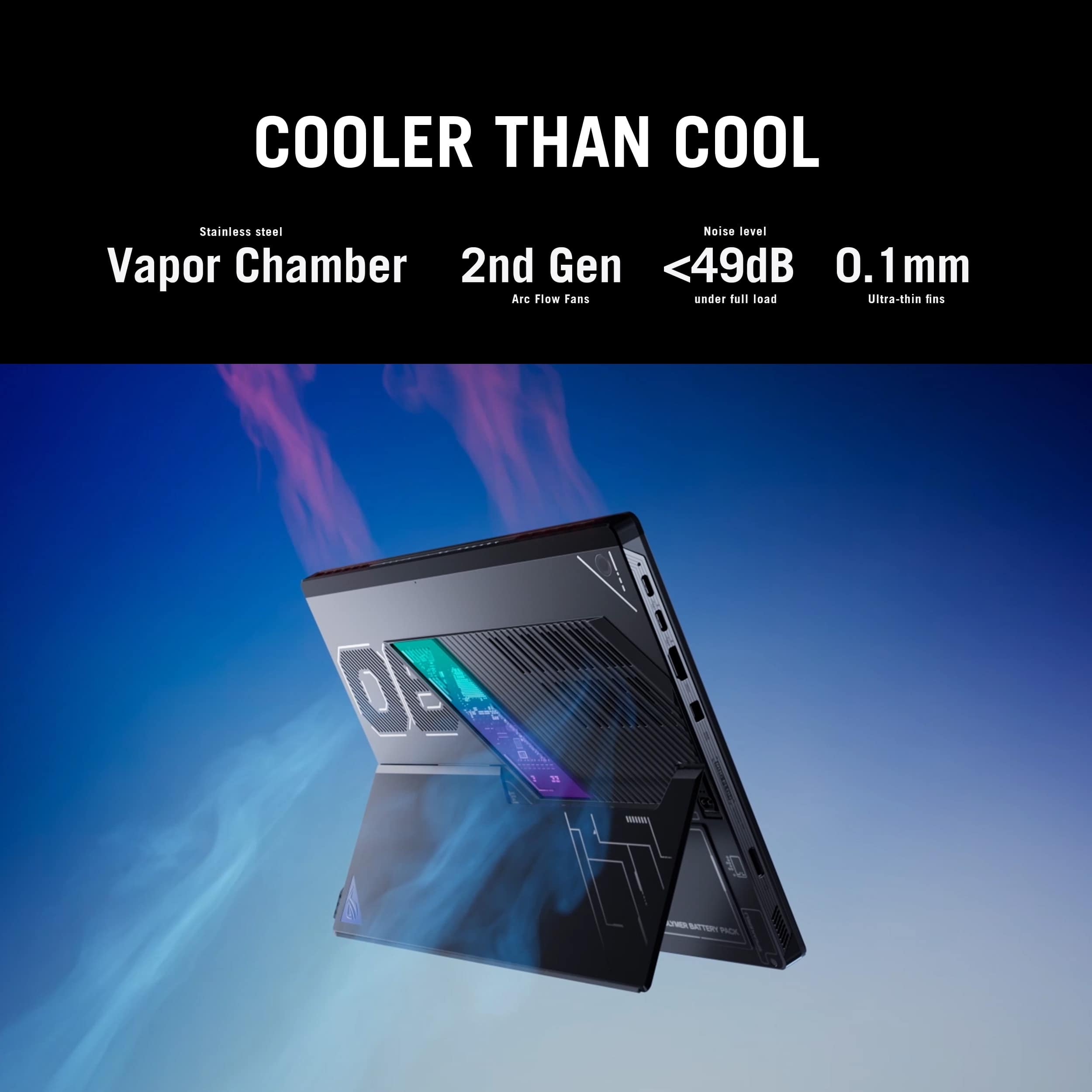 COOLER THAN COOL Stainless steel Noise level Vapor Chamber 2nd Gen <49dB 0.1 mm Are Flow Fans under full load Ultra-thin SNS DE = - -D PRCA W