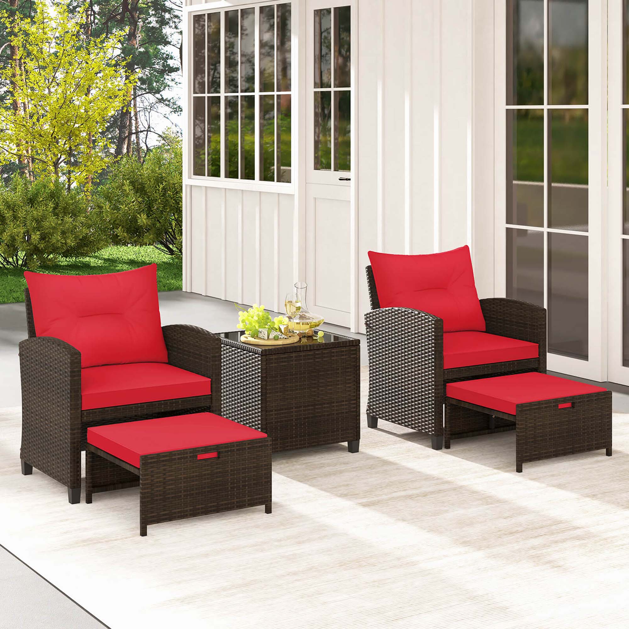 Alt View 3. Costway - Costway 5 PCS Patio Rattan Furniture with 2 Wicker Ottomans & Tempered Glass Coffee Table - Mix Brown + Red.