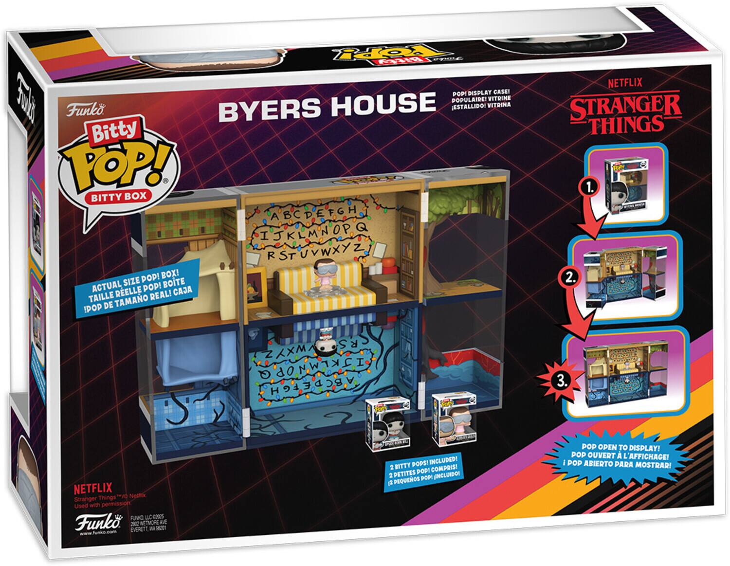 Here is the corrected and grouped text from the image:

---

**Funko Bitty Pop! Box**

**Byers House**

**Pop! Display Case**

**Funko Byers House**

**Pop! Display Case**

**Pop! Vitrine**

**Vitrine**

**Bitty Pop! Box**

**Actual Size Pop!**

**Real Size Pop!**

**Taille Réelle Pop!**

**Tamaño Real Pop!**

**Netflix Stranger Things 1**

**Netflix Stranger Things 1**

**Used with permission**

**Funko LLC - 2020**

**Funko**

**2 Bitty Pops Included!**

**2 Petits Pops Inclus!**

**2 Pequeños Pops Incluido!**

**Pop Open to Display!**

**Pop Ouvert à l'affichage!**

**Pop Abierto para mostrar!**

---

This text is derived from the packaging and promotional images of the Funko Bitty Pop! Box, specifically the Byers House edition from Stranger Things.