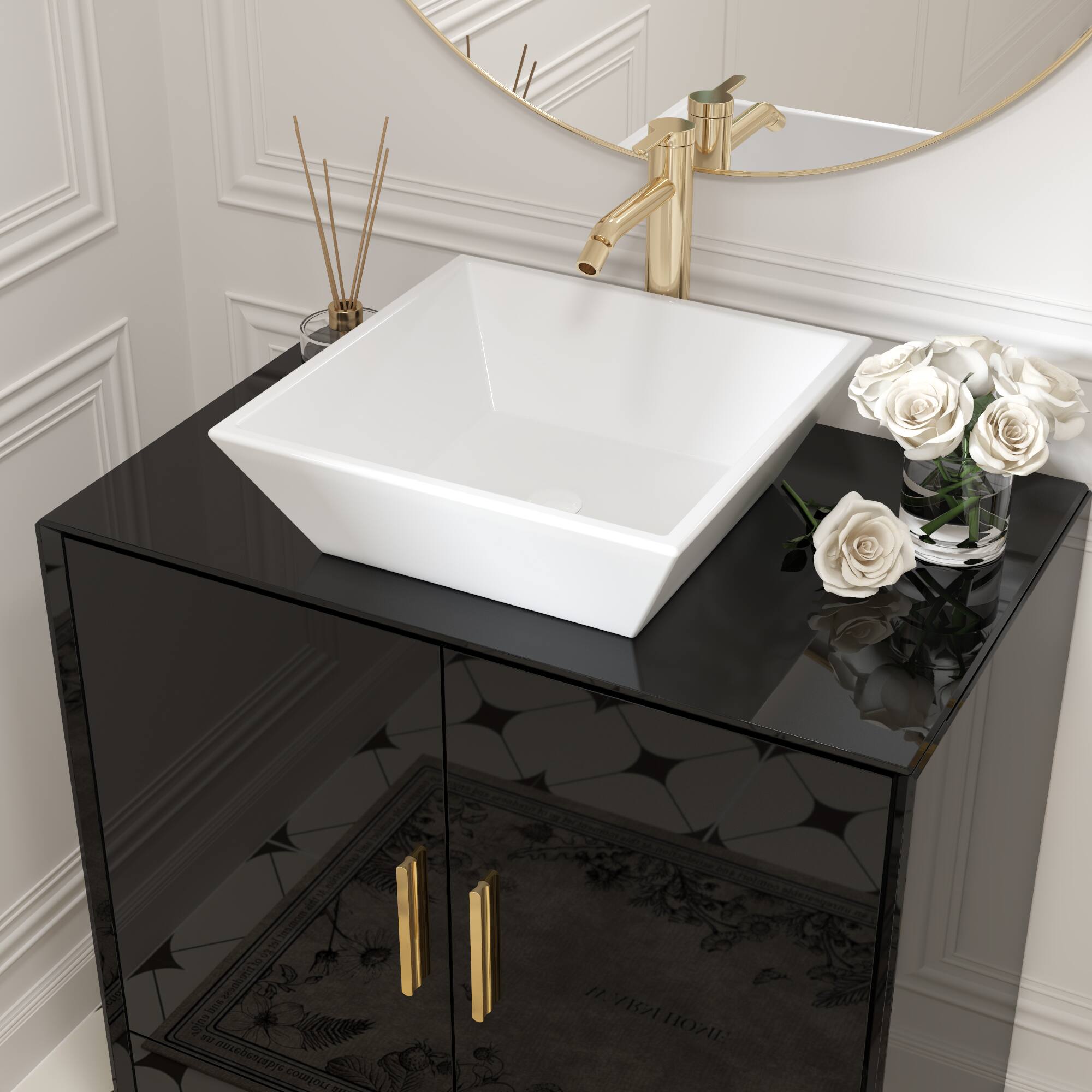 Alt View 6. Famapy - Bathroom Vanity with Ceramic Basin – High Gloss Storage Cabinet with Drawer, Modern Luxury Sink Unit - White & Black.