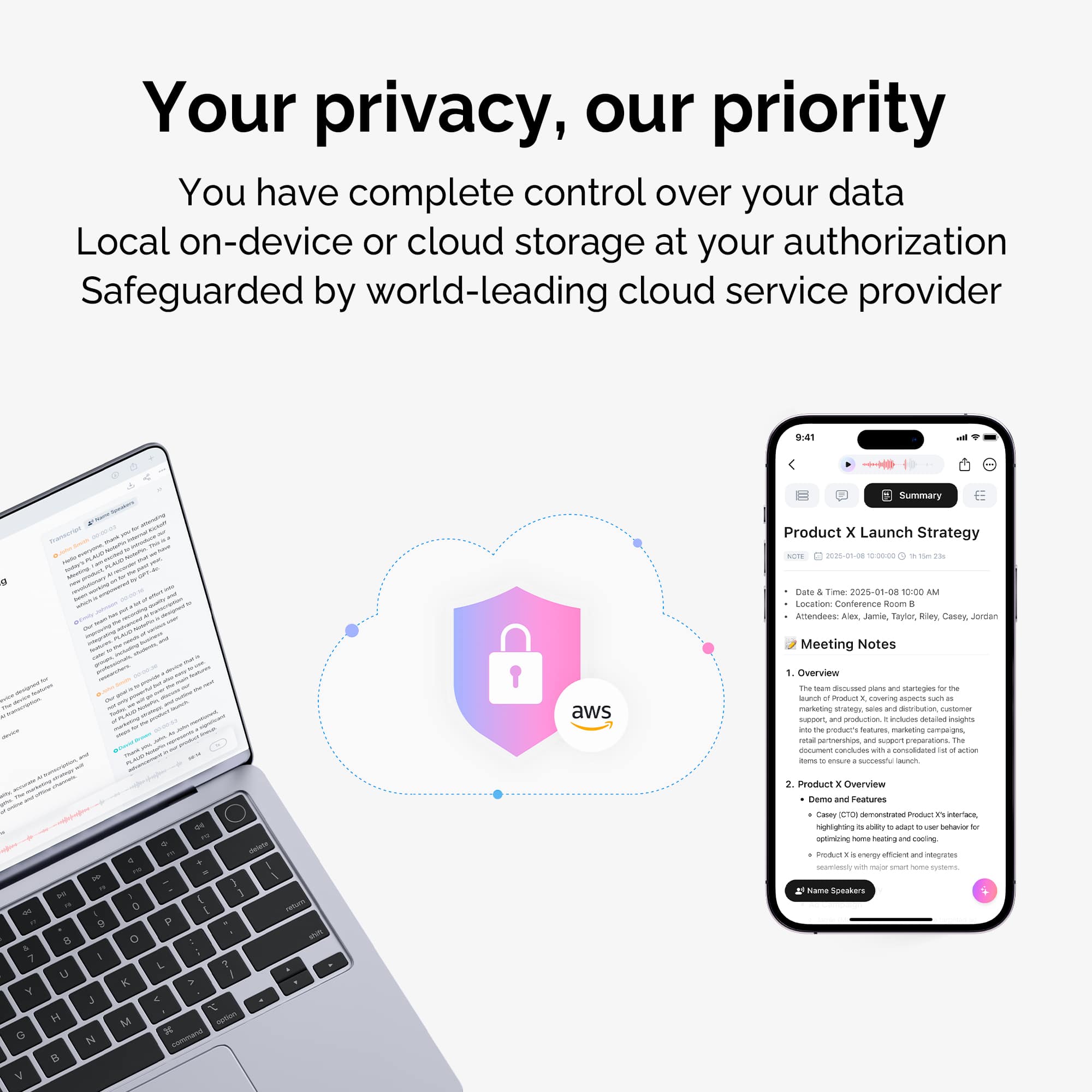 Your privacy, our priority. You have complete control over your data. Local on-device or cloud storage at your authorization. Safeguarded by world-leading cloud service provider.
9.41 - Summary Product x Launch Strategy.
Date: 2025-01-00 10:00.
Location: Los Angeles Convention Center.
Attendees: Jamie Taylor, Jordan Meeting Notes.
AWS Overview: The session will cover the latest updates and strategies for managing and scaling AWS resources.
Agenda:
1. AWS updates and features.
2. Managing and scaling AWS resources.
3. Product overview and launch strategy.
Speakers:
1. Jamie Taylor.
2. Jordan Meeting Notes.
