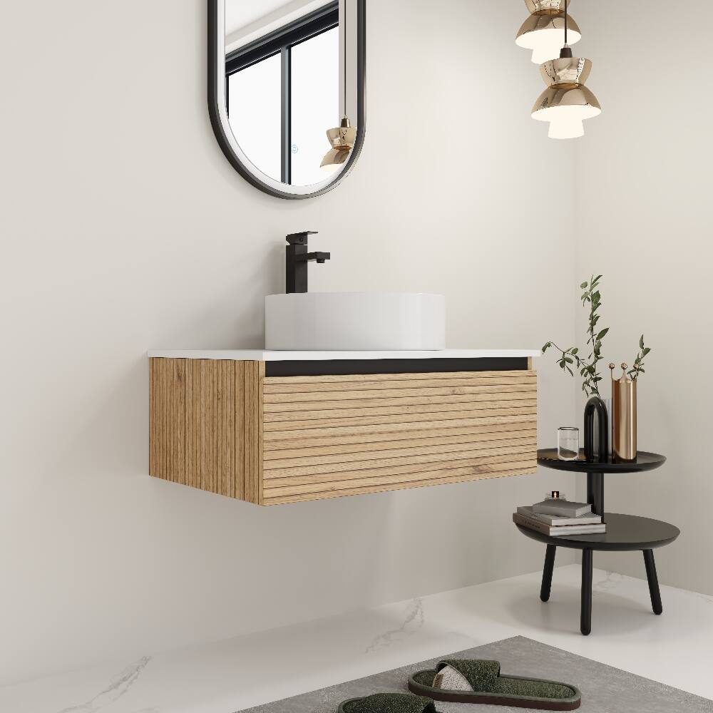 Left. Loheer - Loheer 30 inch wall mounted bathroom vanity with white art ceramic sink and soft close drawer - Light Coffee.