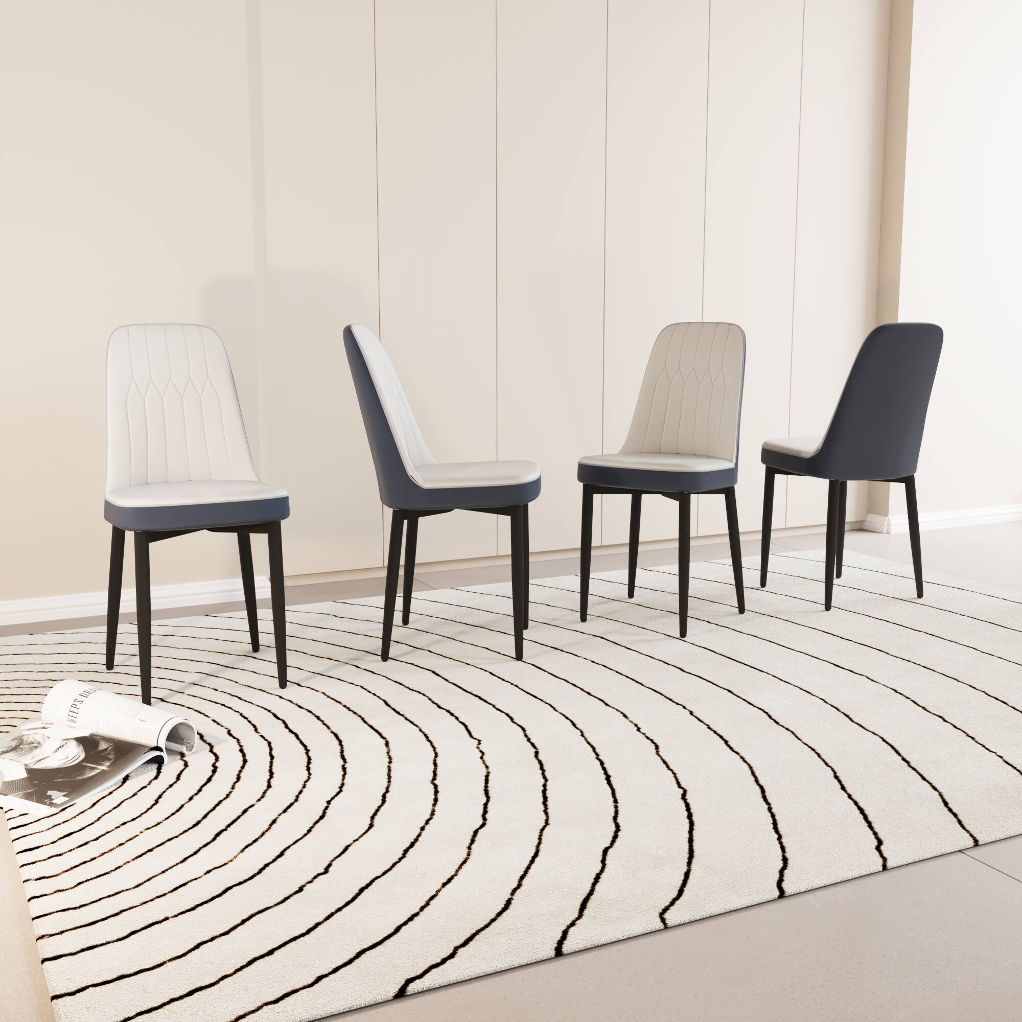 Alt View 2. Tiramisubest - Modern Style Dining Chair Set of 4, High-Quality PU Leather with Thick Cushions, Black Metal Legs, White and Blue - White.