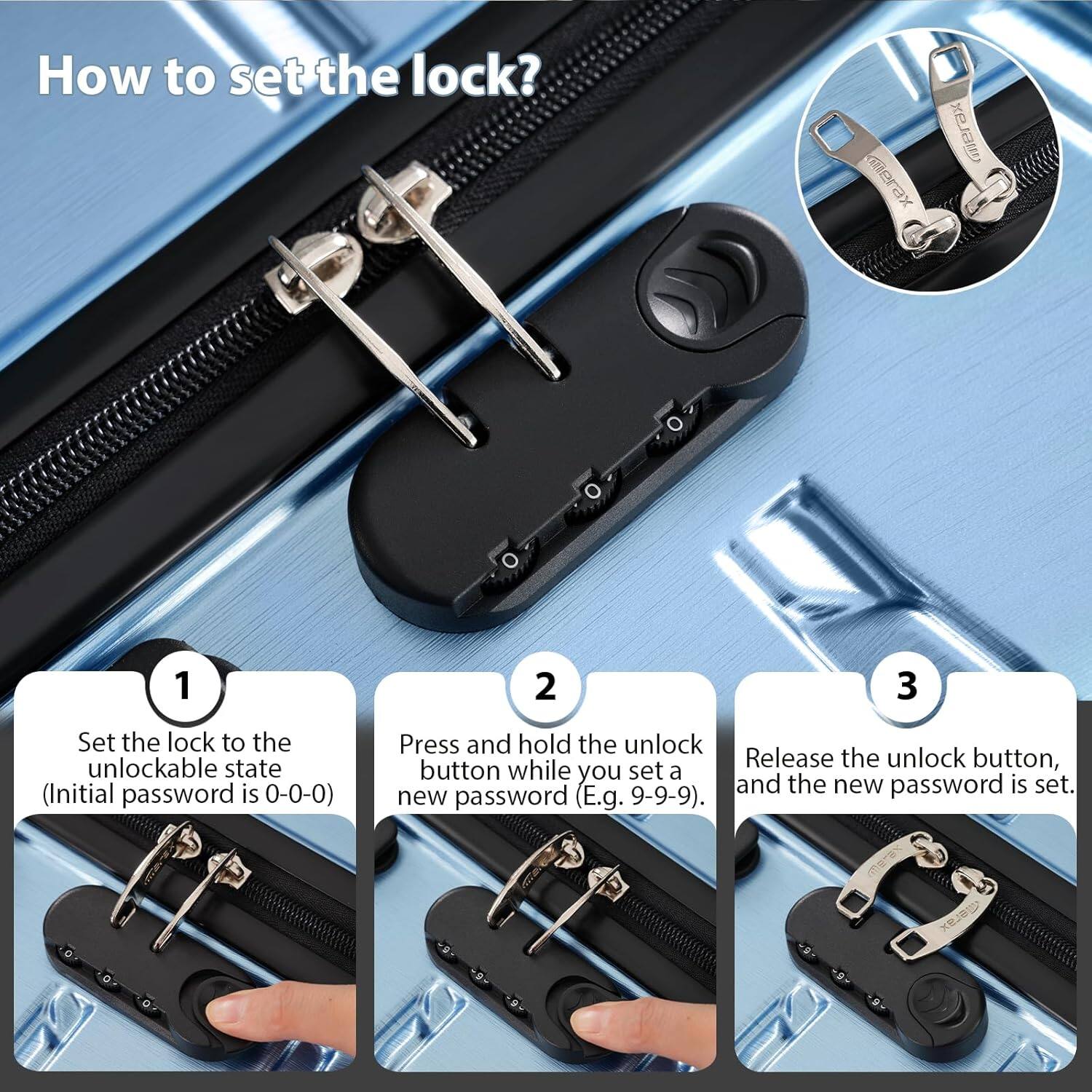 How to set the lock?

1. Set the lock to the unlockable state (Initial password is 0-0-0)
2. Press and hold the unlock button while you set a new password (E.g. 9-9-9).
3. Release the unlock button, and the new password is set.