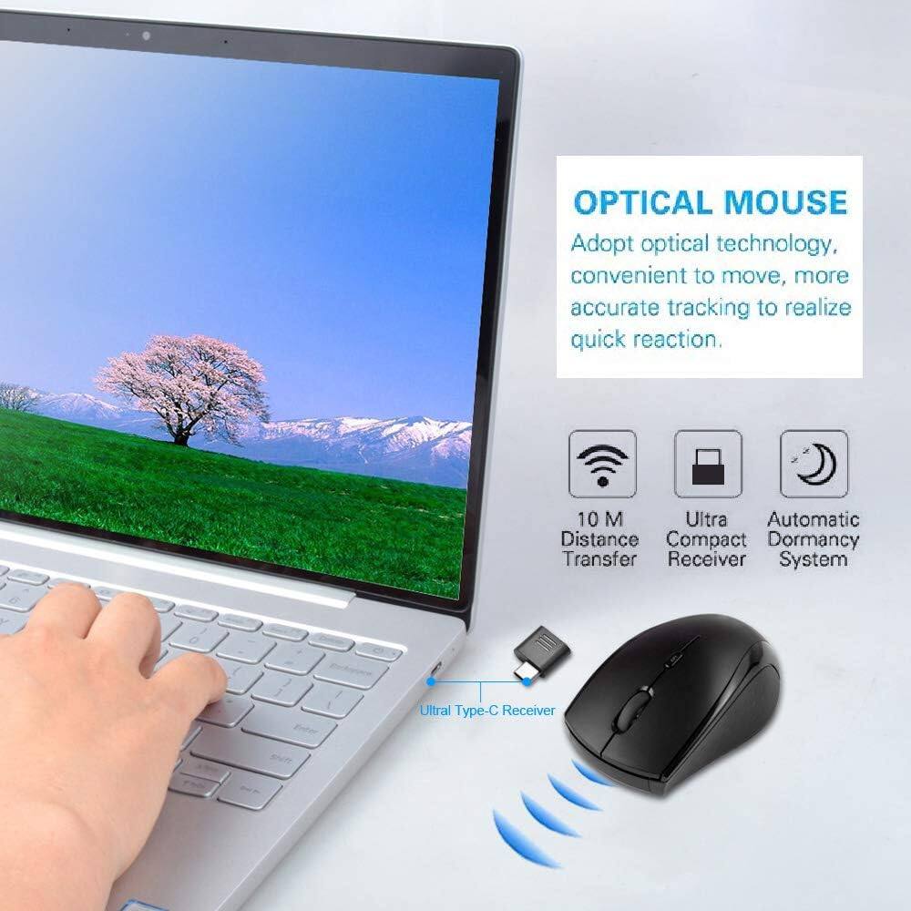 OPTICAL MOUSE  
Adopt optical technology, convenient to move, more accurate tracking to realize quick reaction.  

10 M Distance Transfer  
Ultra Compact Receiver  
Automatic Dormancy System  

Type-C Receiver