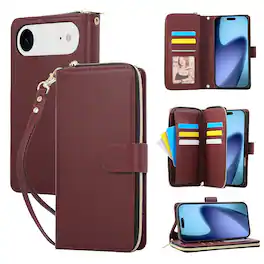 Dteck - Crossbody Wallet Case for Apple iPhone Air, Shockproof Zipper Pocket PU Leather Folio Cover with 9 Card Slots - Winered