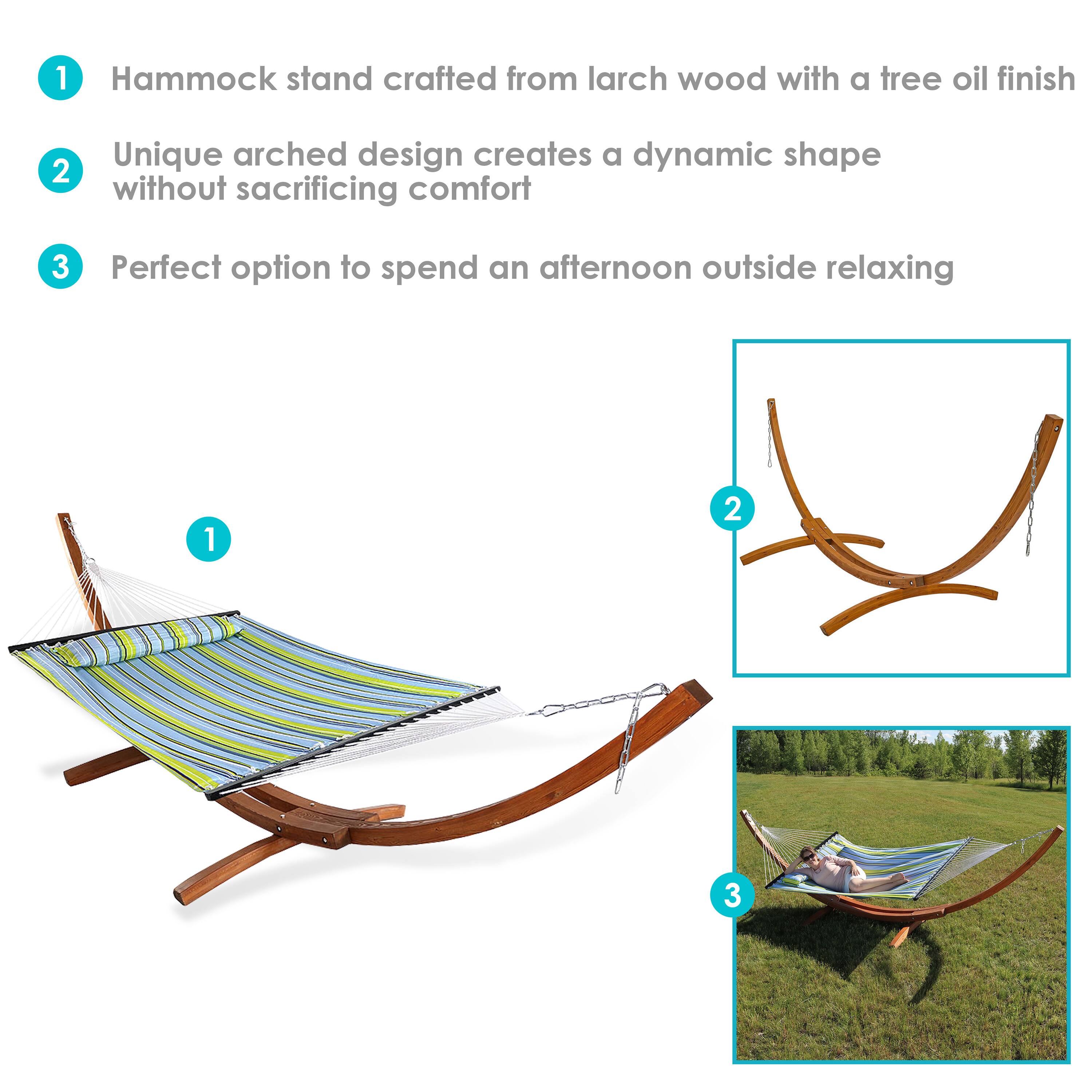1. Hammock stand crafted from larch wood with a tree oil finish  
2. Unique arched design creates a dynamic shape without sacrificing comfort  
3. Perfect option to spend an afternoon outside relaxing