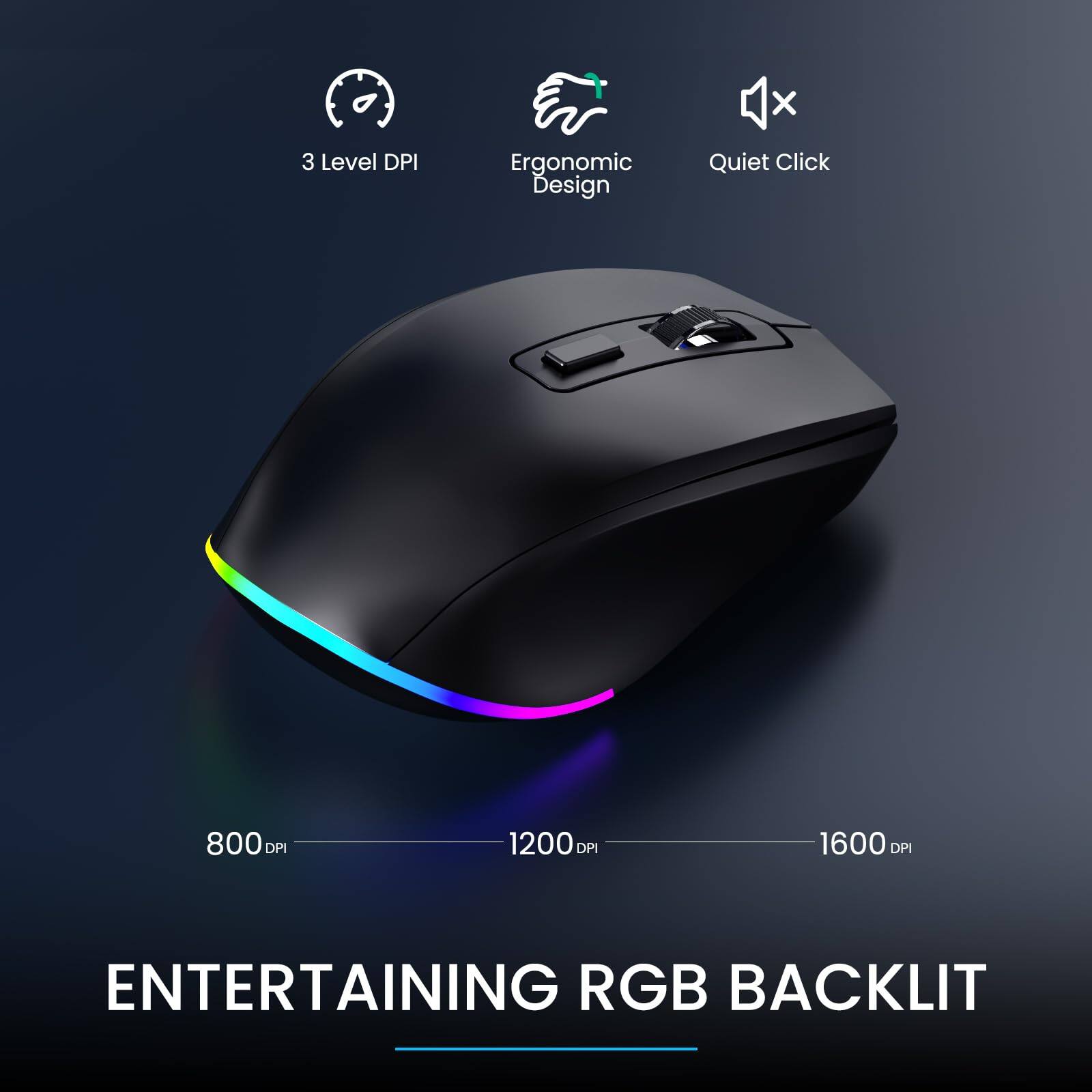 3 Level DPI  
Ergonomic Design  
Quiet Click  

800 DPI  
1200 DPI  
1600 DPI  

ENTERTAINING RGB BACKLIT