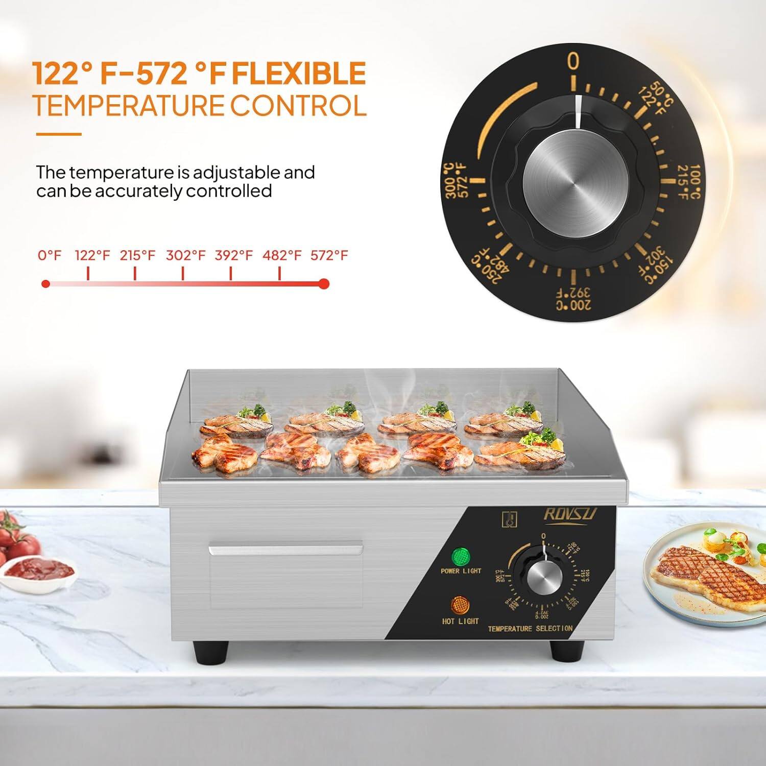 122° F-572° F FLEXIBLE TEMPERATURE CONTROL

The temperature is adjustable and can be accurately controlled

0°F 122°F 215°F 302°F 392°F 482°F 572°F

ROVUSU

POWER LIGHT

HOT LIGHT

TEMPERATURE SELECTION ON