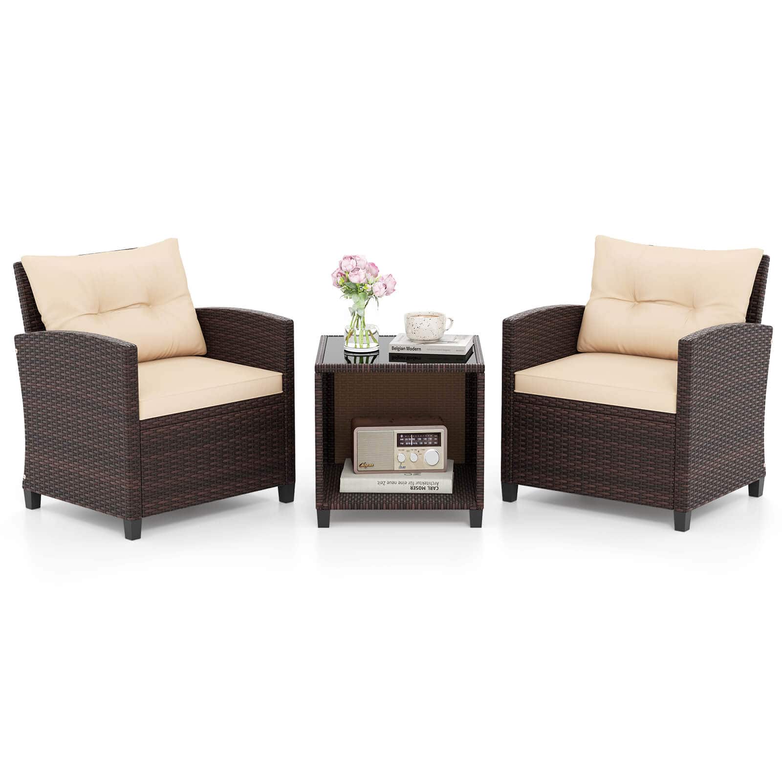 Costway - 3 PCS Patio Sofa Set with Cushions & Tempered Glass Tabletop for Backyard - Beige price history on PriceWatchPro