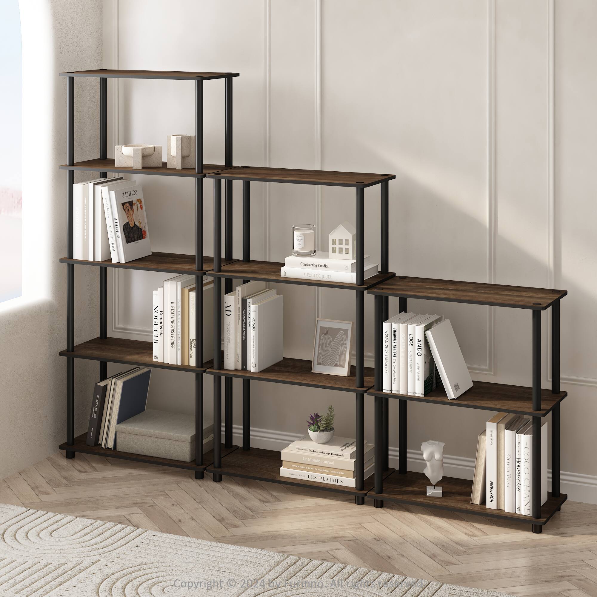 Sure, here is the corrected and grouped text from the image:

---

**Top Shelf:**
- (No visible text)

**Second Shelf:**
- (No visible text)

**Third Shelf:**
- (No visible text)

**Fourth Shelf:**
- (No visible text)

**Fifth Shelf:**
- (No visible text)

**Bottom Shelf:**
- (No visible text)

**Books and Items:**
- (Various book titles and items, but no clear text to transcribe)

**Copyright:**
- Copyright © 2024 by Funno All Rights Reserved

---

This text is based on the visible elements in the image. If there are specific details or text you need transcribed from the books or items, please let me know!