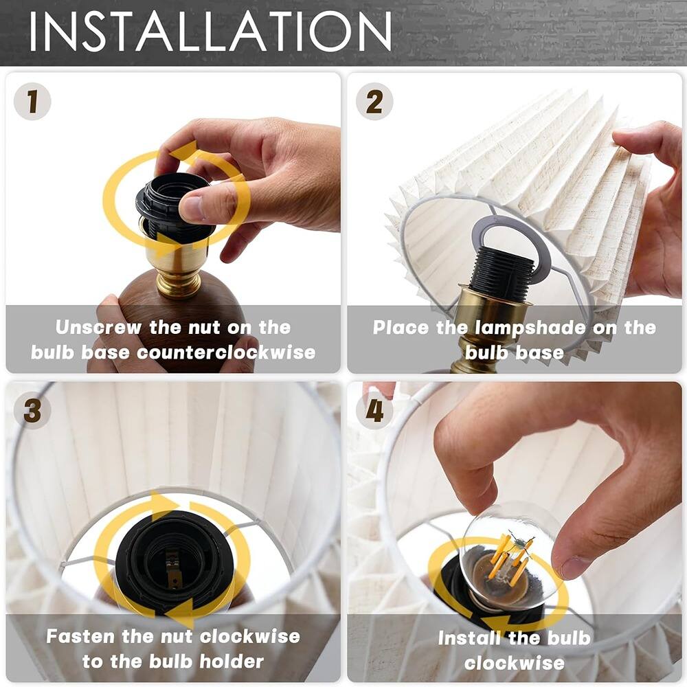 1. Unscrew the nut on the bulb base counterclockwise.
2. Place the lampshade on the bulb base.
3. Fasten the nut clockwise to the bulb holder.
4. Install the bulb clockwise.