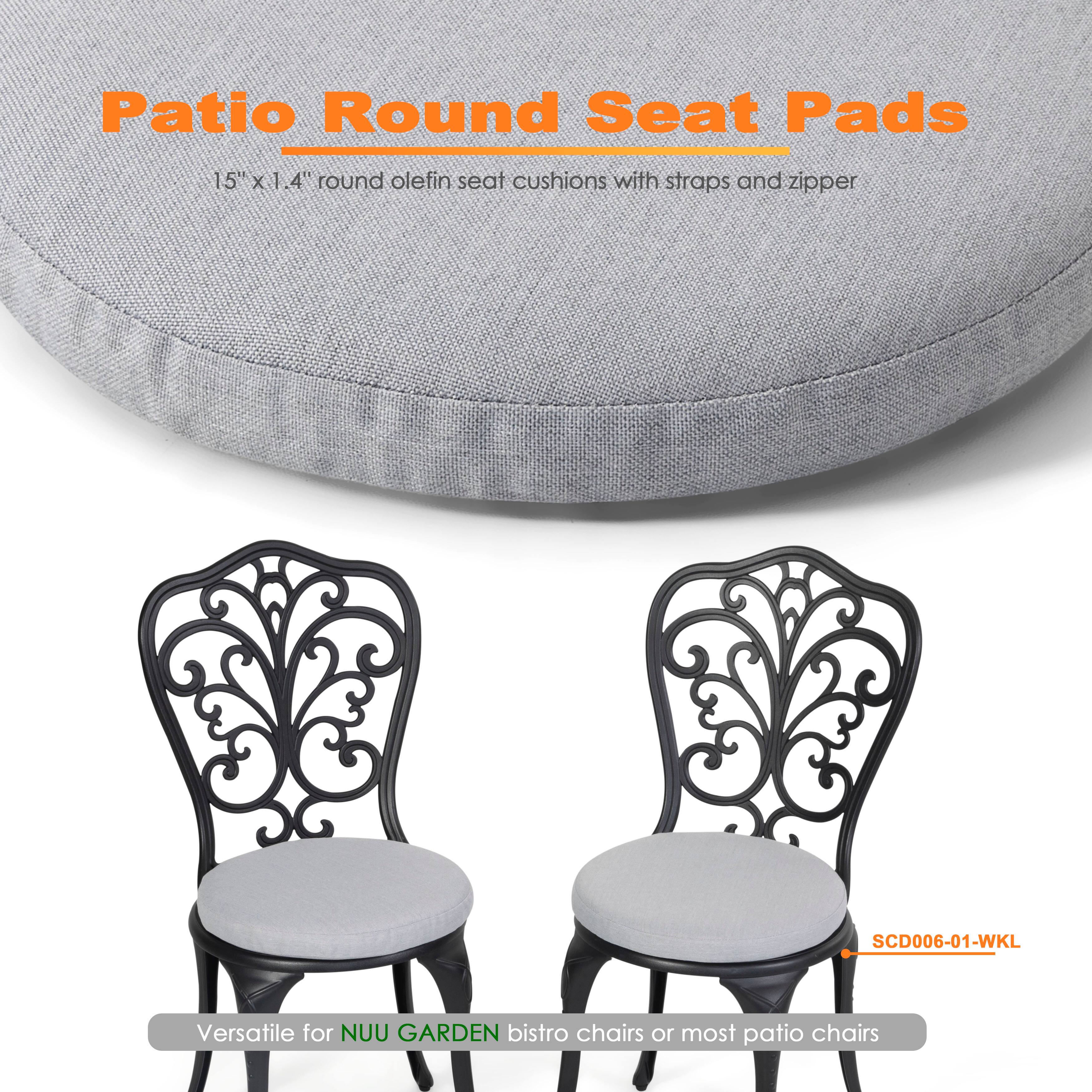 Patio Round Seat Pads 15" 15x1.4" round olefin seat cushions with straps and zipper SCD006-01-WKL Versatile for NUU GARDEN bistro chairs or most patio chairs