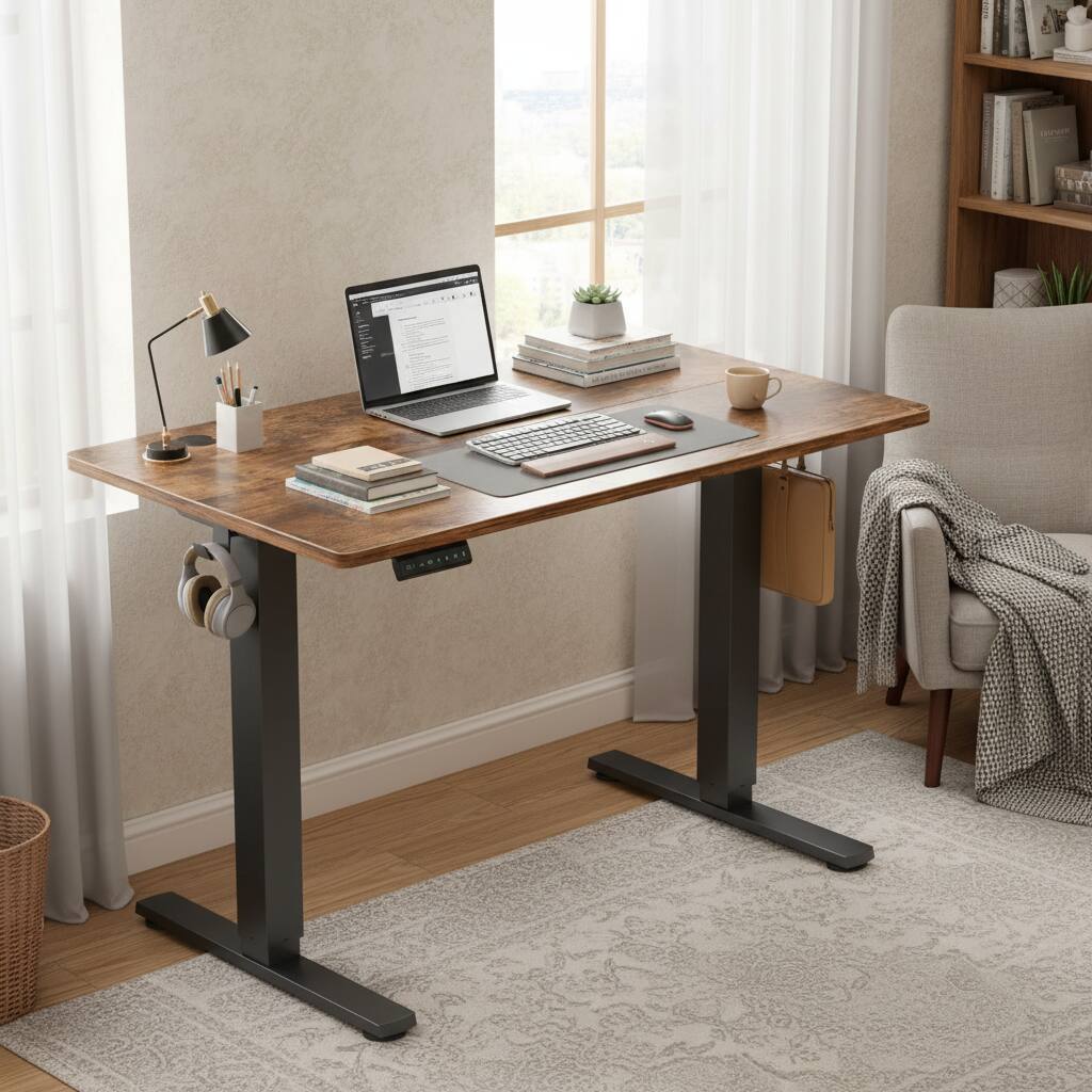 Angle. AOITUN - 40" Electric Standing Desk, Rustic Sit Stand Desk, Ergonomic Height Adjustable Home Office Table - Steel.