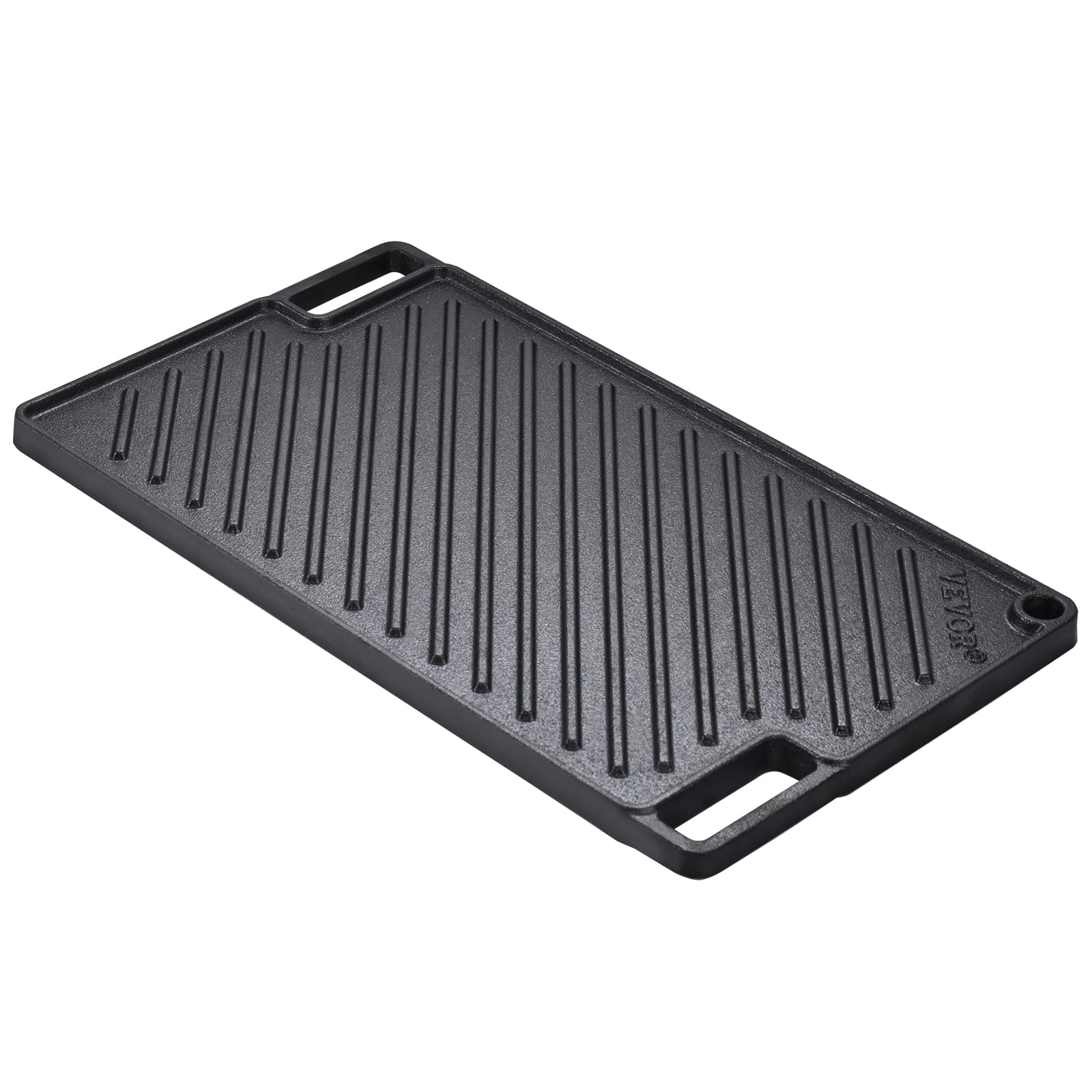 Front. VEVOR - Reversible Grill/Griddle, 9.7"x16.7" Pre-Seasoned Cast Iron Griddle, Rectangular Double Burner Griddle Pan - Black.